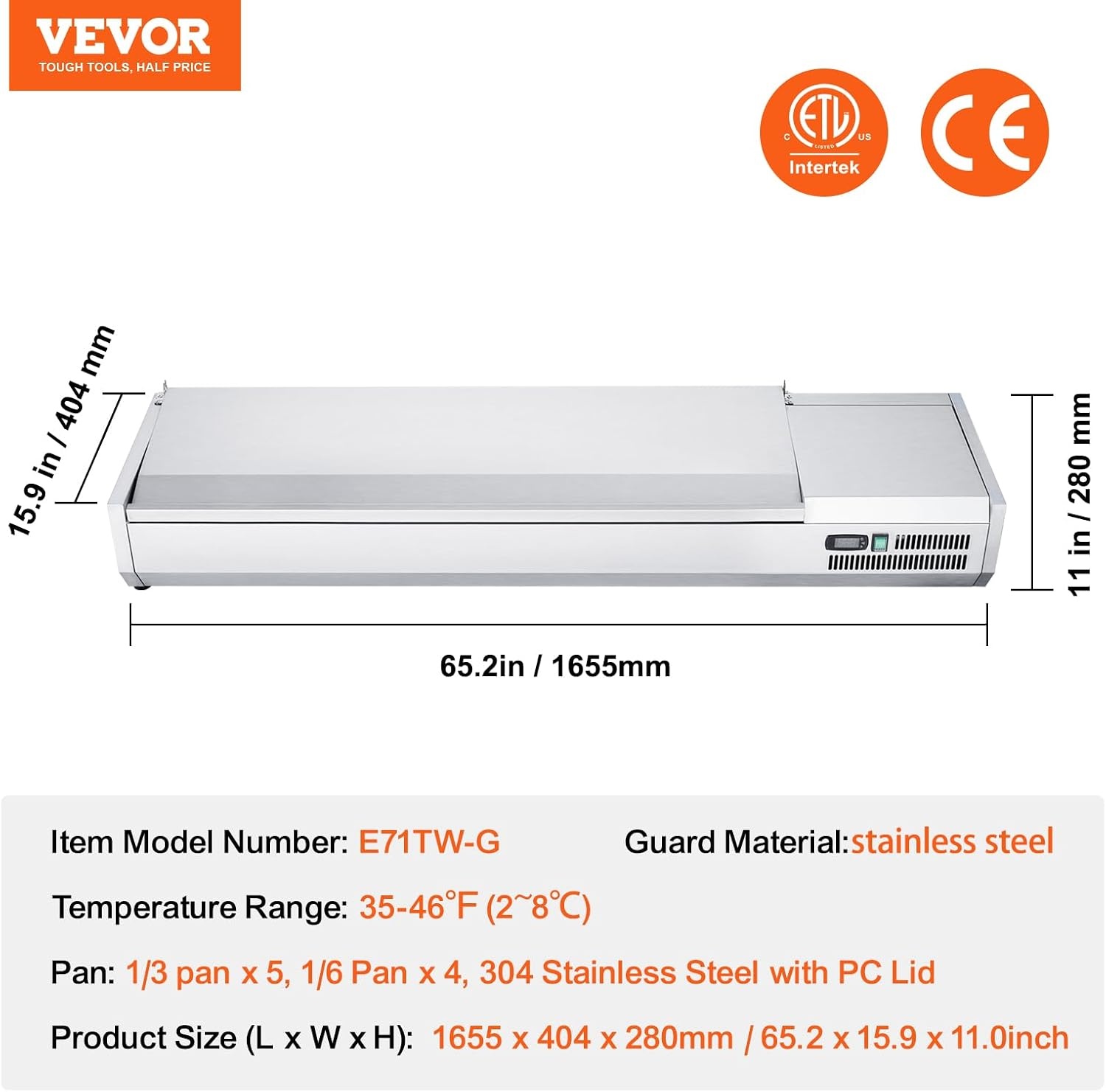 image:imageVEVOR Refrigerated Condiment Prep Station 140 W Countertop Refrigerated Condiment Station with Five 13 Pans amp Four 16 Pans 304 Stainless Body and PC Lid Sandwich Prep Table with Stainless GuardOriginal Stainless 71 in