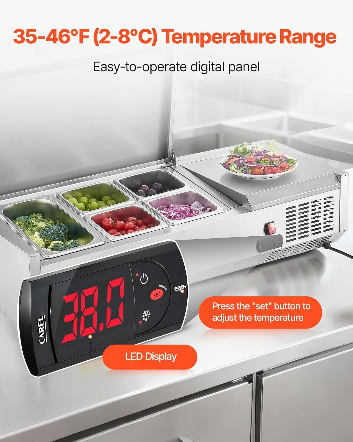 image:imageVEVOR Refrigerated Condiment Prep Station 140 W Countertop Refrigerated Condiment Station with Five 13 Pans amp Four 16 Pans 304 Stainless Body and PC Lid Sandwich Prep Table with Stainless GuardNew Stainless 40 in