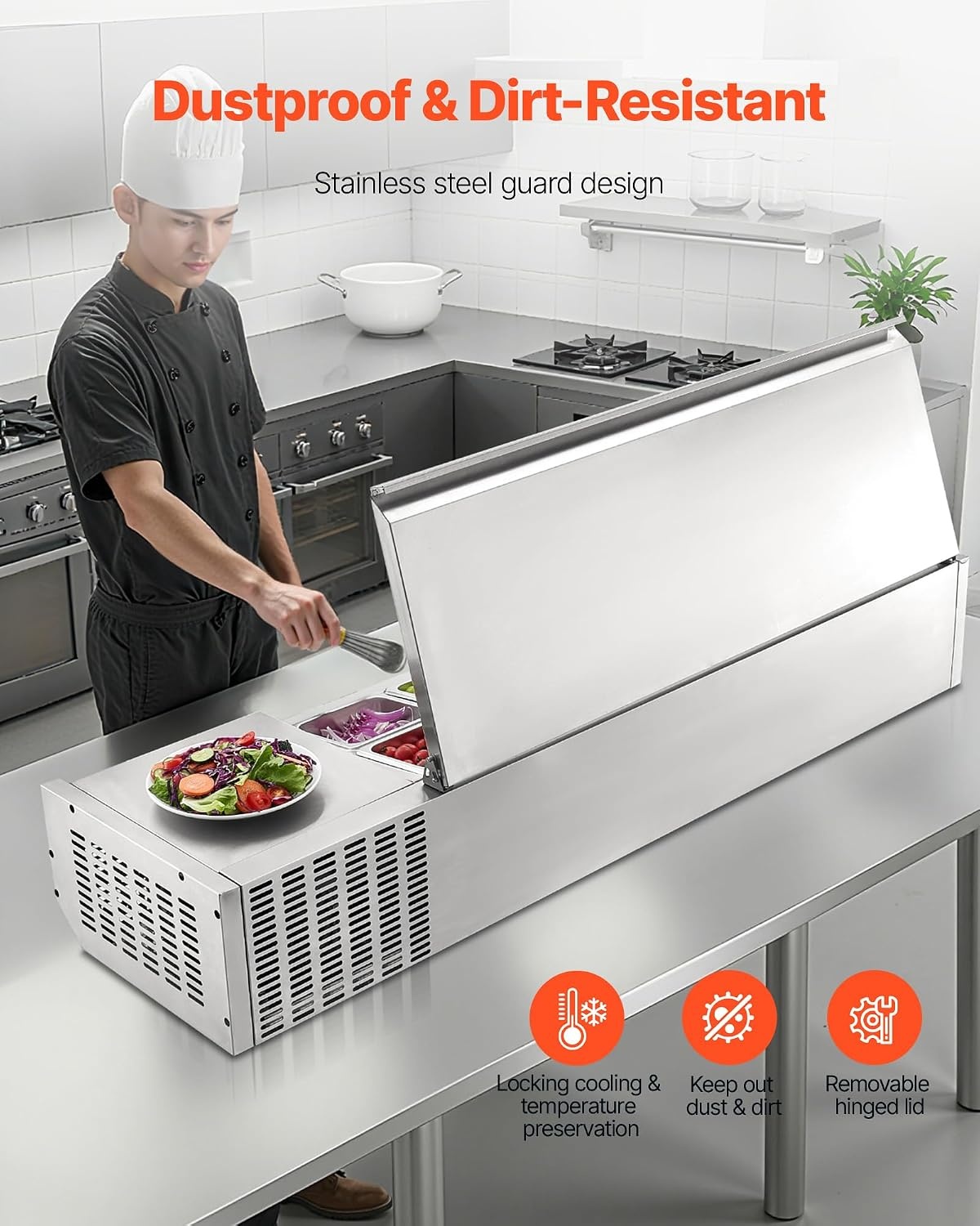 image:imageVEVOR Refrigerated Condiment Prep Station 140 W Countertop Refrigerated Condiment Station with Five 13 Pans amp Four 16 Pans 304 Stainless Body and PC Lid Sandwich Prep Table with Stainless GuardNew Stainless 60 in