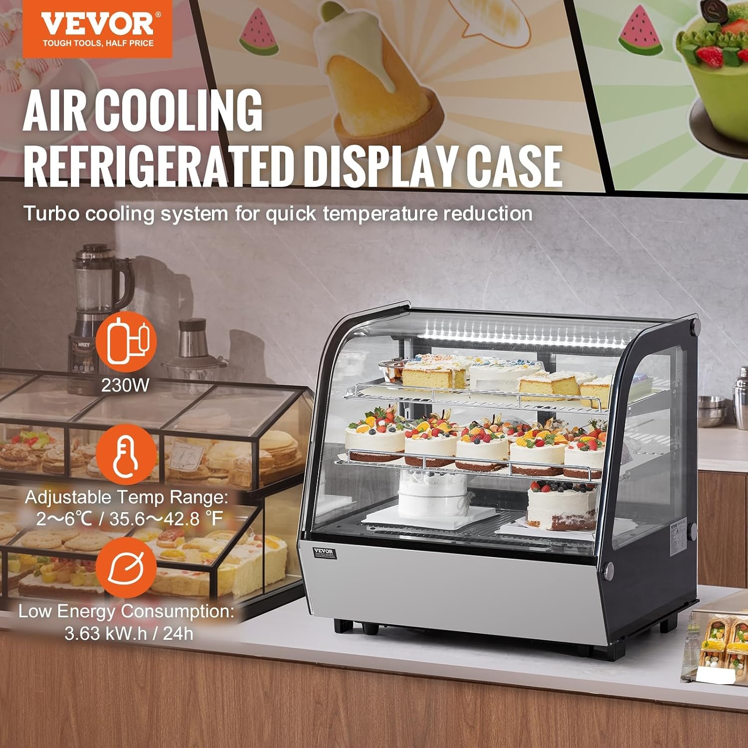 image:imageVEVOR Refrigerated Display Case 98 CuFt278L Large Pastry Display Case 5Tier Commercial Display Refrigerator with LED Lighting TURBO Cooling FrostFree AirCooling for Bakery42 CuFt