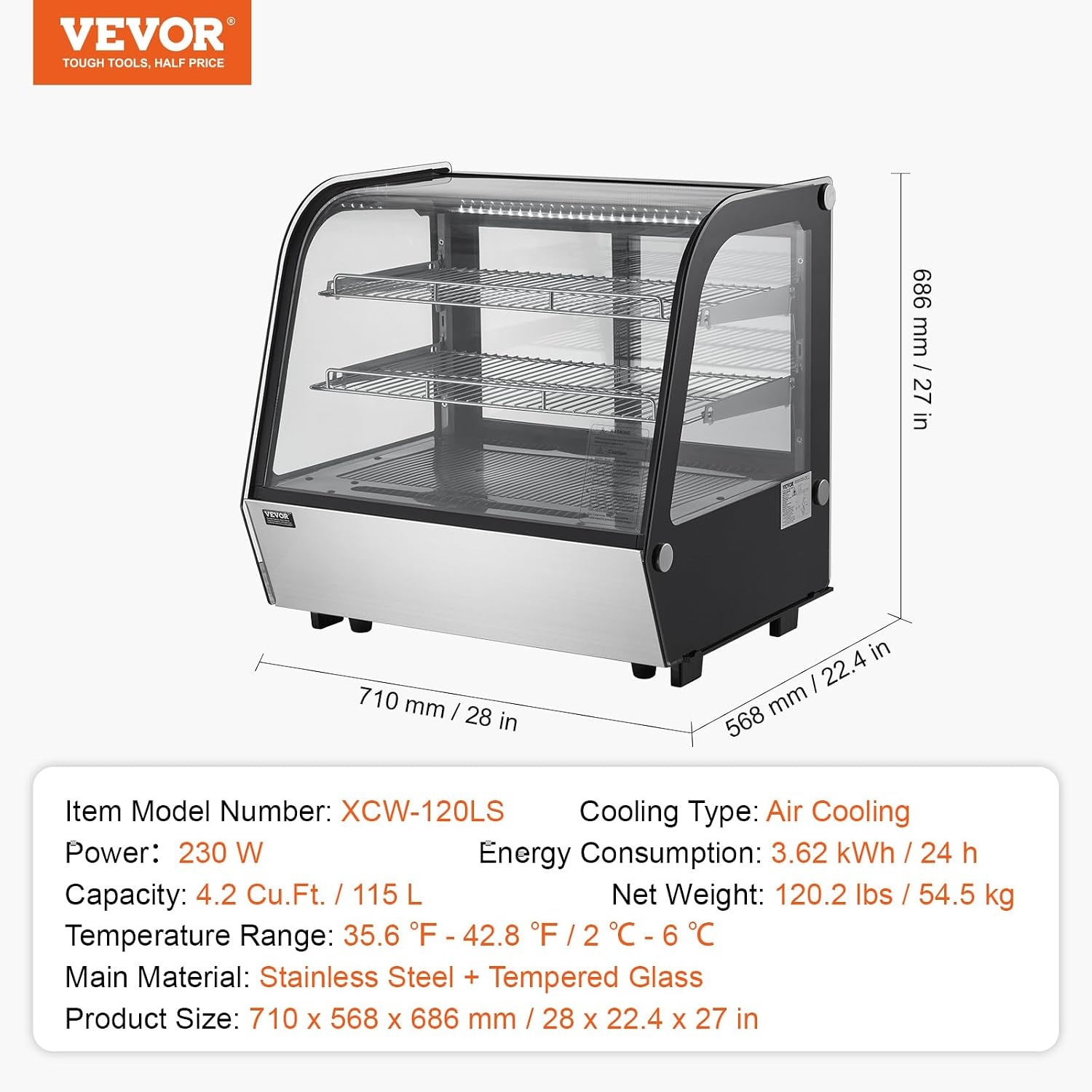 image:imageVEVOR Refrigerated Display Case 98 CuFt278L Large Pastry Display Case 5Tier Commercial Display Refrigerator with LED Lighting TURBO Cooling FrostFree AirCooling for Bakery42 CuFt