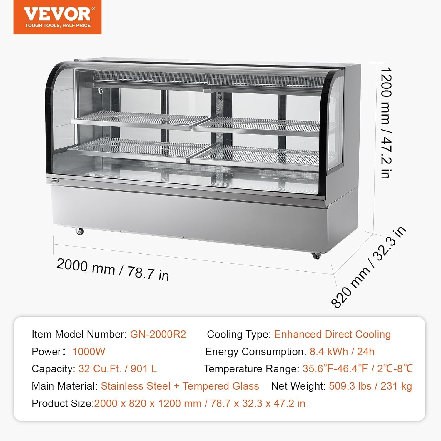 image:imageVEVOR Refrigerated Display Case 98 CuFt278L Large Pastry Display Case 5Tier Commercial Display Refrigerator with LED Lighting TURBO Cooling FrostFree AirCooling for Bakery32 CuFt