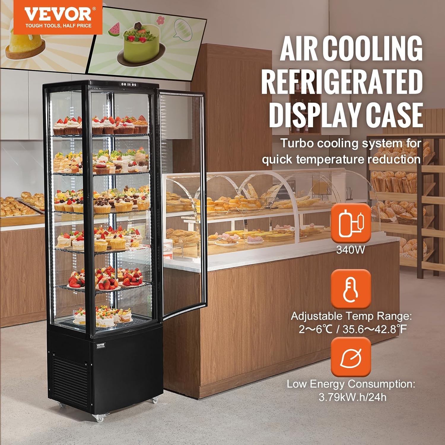 image:imageVEVOR Refrigerated Display Case 98 CuFt278L Large Pastry Display Case 5Tier Commercial Display Refrigerator with LED Lighting TURBO Cooling FrostFree AirCooling for Bakery98 CuFt