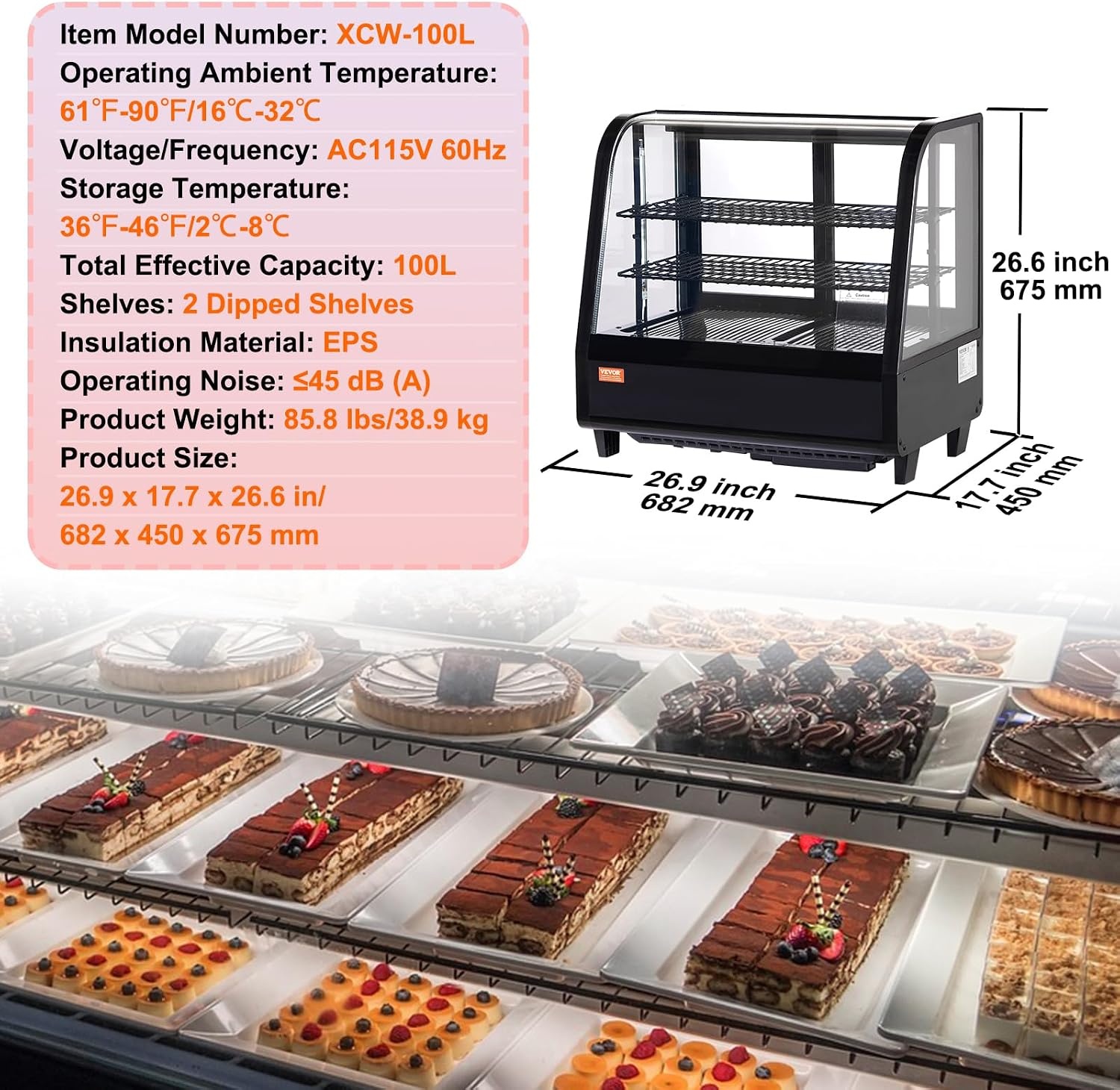 image:imageVEVOR Refrigerated Display Case 98 CuFt278L Large Pastry Display Case 5Tier Commercial Display Refrigerator with LED Lighting TURBO Cooling FrostFree AirCooling for Bakery35 CuFt