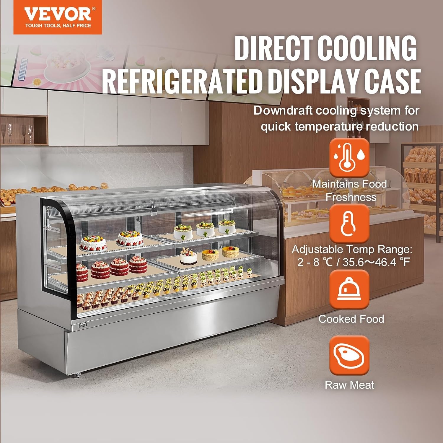 image:imageVEVOR Refrigerated Display Case 98 CuFt278L Large Pastry Display Case 5Tier Commercial Display Refrigerator with LED Lighting TURBO Cooling FrostFree AirCooling for Bakery32 CuFt