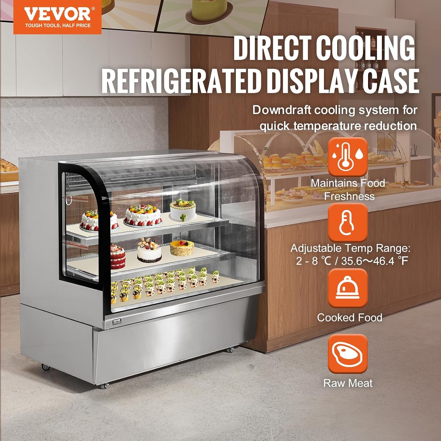 image:imageVEVOR Refrigerated Display Case 98 CuFt278L Large Pastry Display Case 5Tier Commercial Display Refrigerator with LED Lighting TURBO Cooling FrostFree AirCooling for Bakery18 CuFt