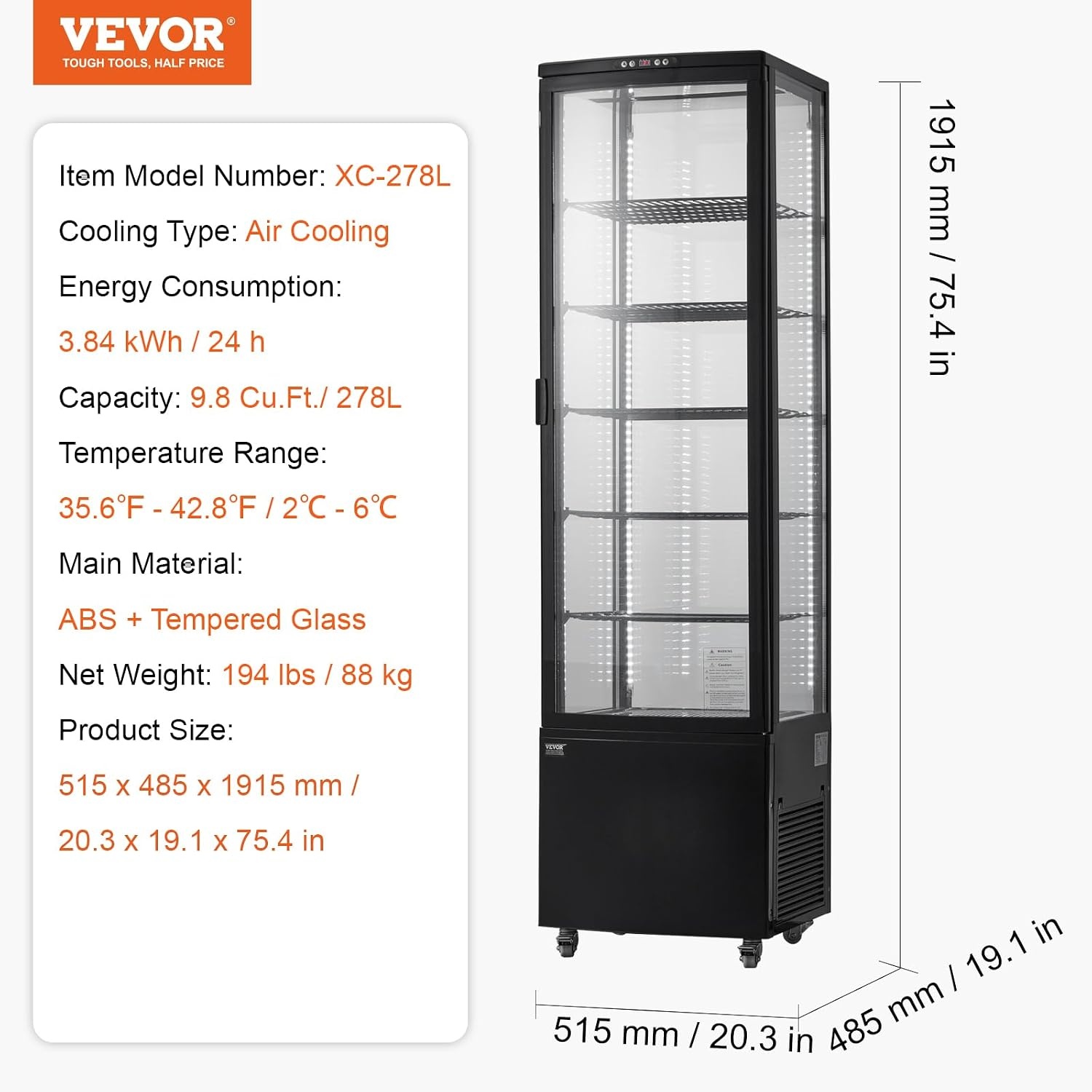 image:imageVEVOR Refrigerated Display Case 98 CuFt278L Large Pastry Display Case 5Tier Commercial Display Refrigerator with LED Lighting TURBO Cooling FrostFree AirCooling for Bakery98 CuFt