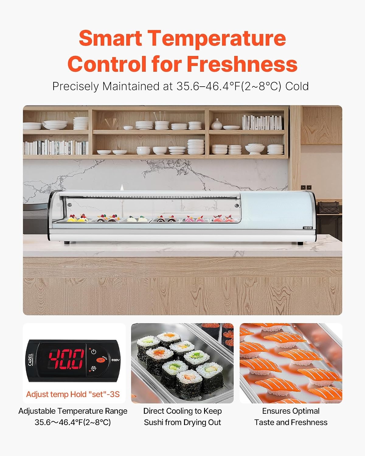 image:imageVEVOR Sushi Display Case Refrigerator 22 Cuft Commercial Sushi Case 6Pan Countertop Showcase with Curved Glass LED Lighting and Digital Temperature Control for SushiBar Restaurant Store