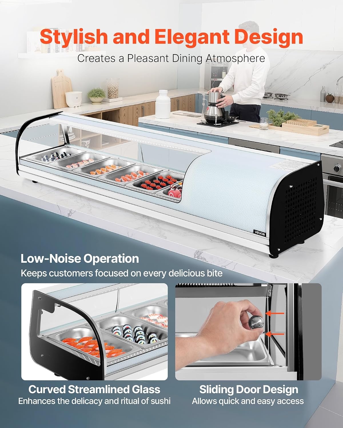 image:imageVEVOR Sushi Display Case Refrigerator 22 Cuft Commercial Sushi Case 6Pan Countertop Showcase with Curved Glass LED Lighting and Digital Temperature Control for SushiBar Restaurant Store