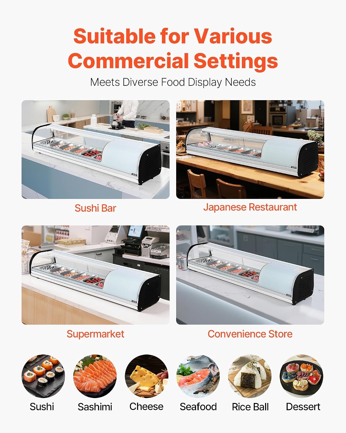 image:imageVEVOR Sushi Display Case Refrigerator 22 Cuft Commercial Sushi Case 6Pan Countertop Showcase with Curved Glass LED Lighting and Digital Temperature Control for SushiBar Restaurant Store