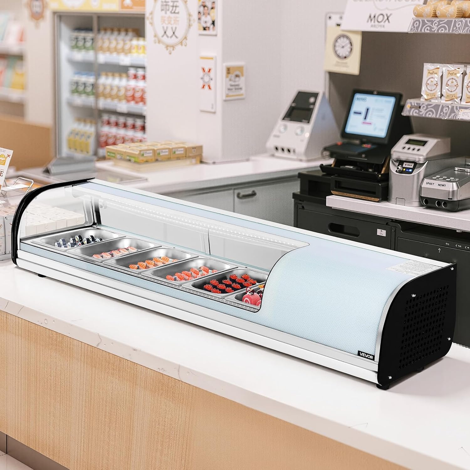 image:imageVEVOR Sushi Display Case Refrigerator 22 Cuft Commercial Sushi Case 6Pan Countertop Showcase with Curved Glass LED Lighting and Digital Temperature Control for SushiBar Restaurant Store