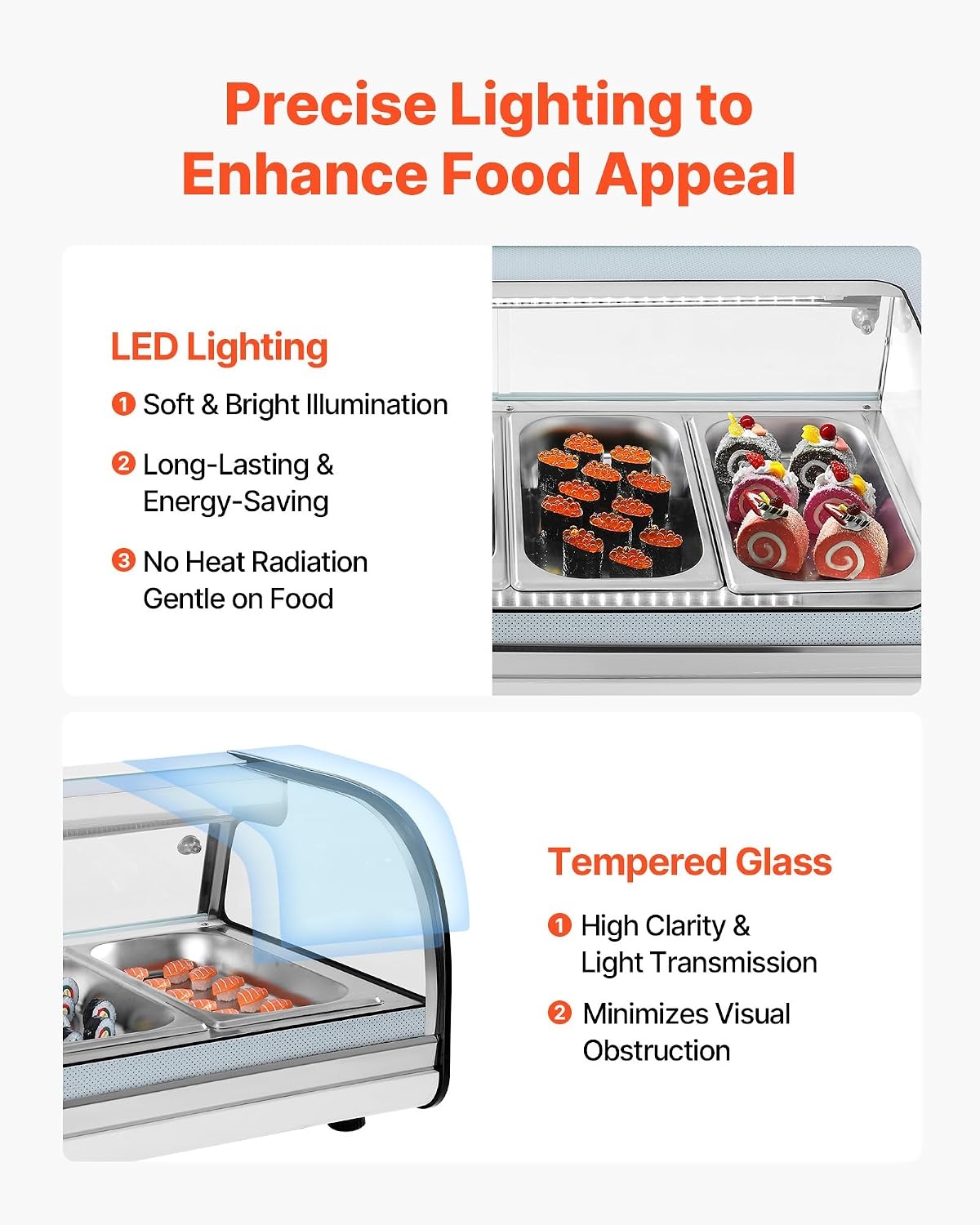 image:imageVEVOR Sushi Display Case Refrigerator 22 Cuft Commercial Sushi Case 6Pan Countertop Showcase with Curved Glass LED Lighting and Digital Temperature Control for SushiBar Restaurant Store