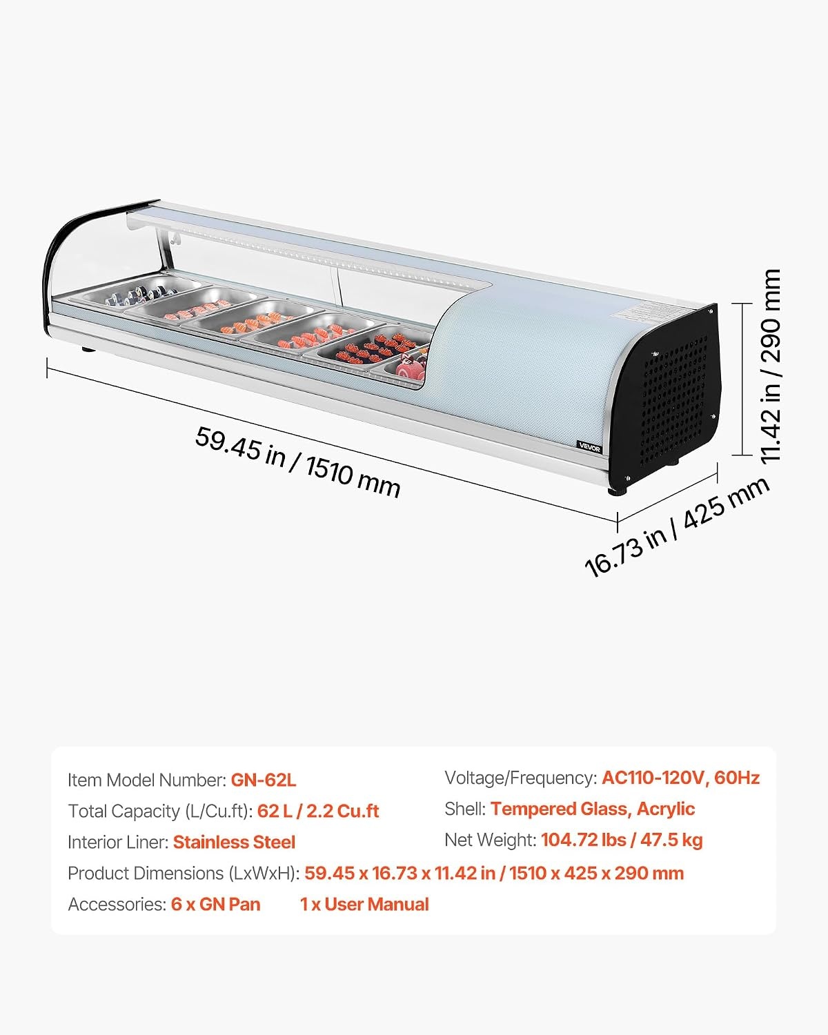 image:imageVEVOR Sushi Display Case Refrigerator 22 Cuft Commercial Sushi Case 6Pan Countertop Showcase with Curved Glass LED Lighting and Digital Temperature Control for SushiBar Restaurant Store