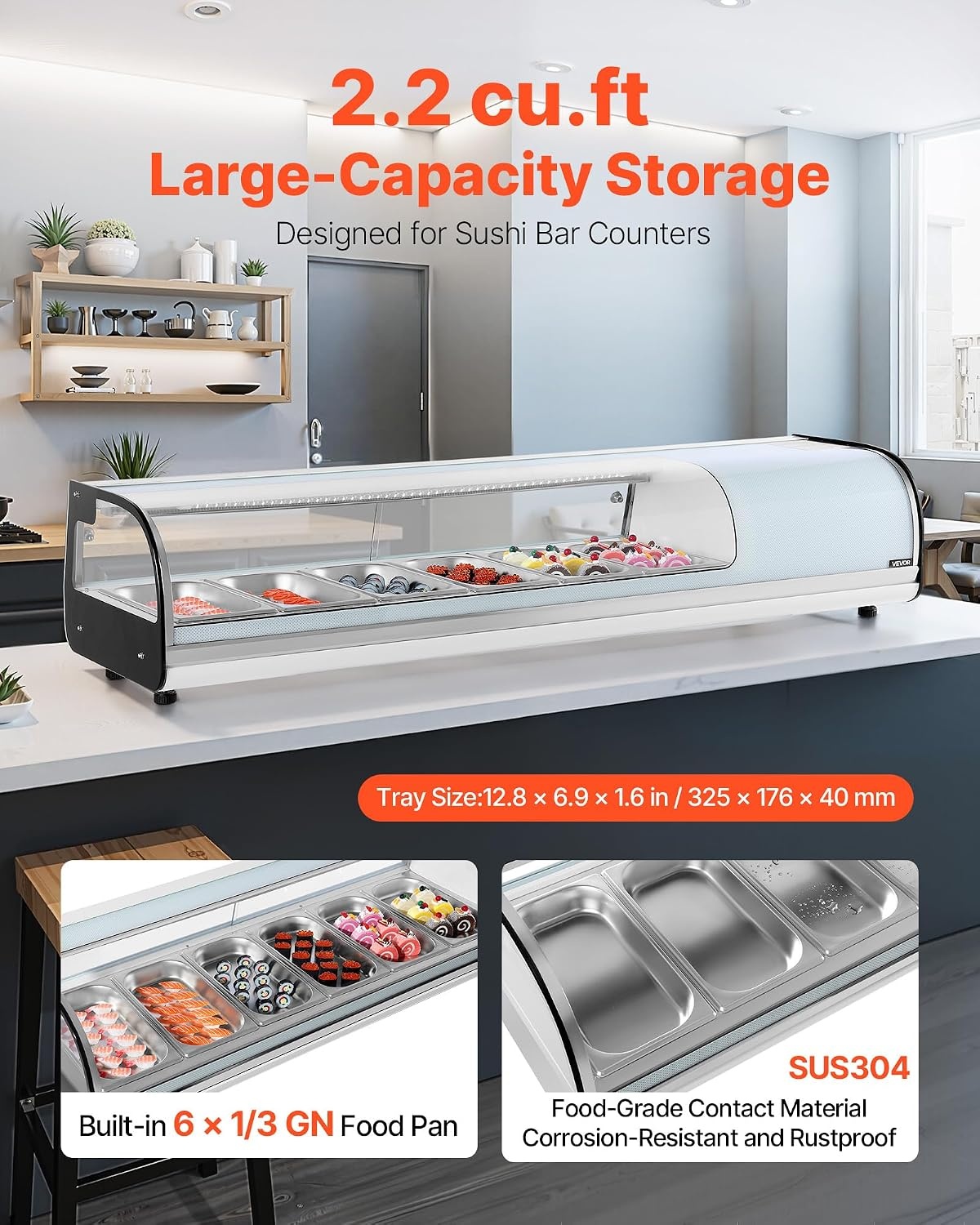 image:imageVEVOR Sushi Display Case Refrigerator 22 Cuft Commercial Sushi Case 6Pan Countertop Showcase with Curved Glass LED Lighting and Digital Temperature Control for SushiBar Restaurant Store