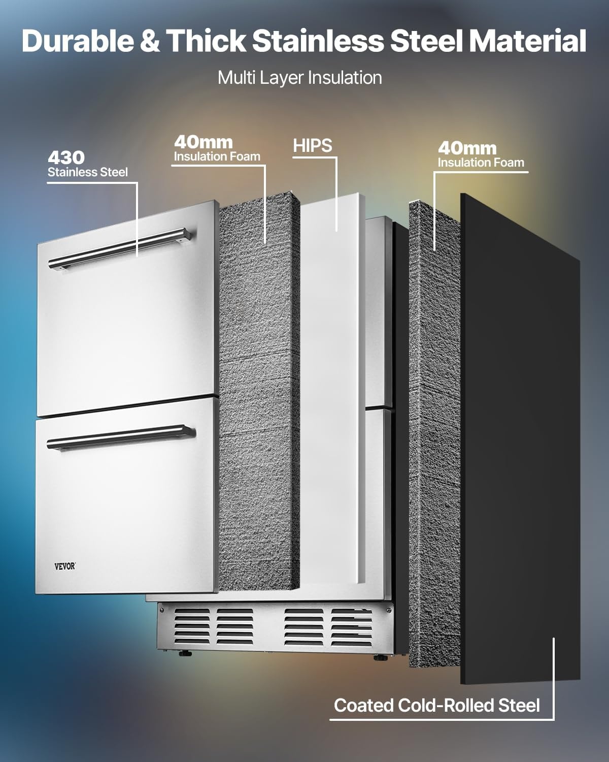 image:imageVEVOR Under Counter Drawer Refrigerator 24 In Stainless Steel Fridge with Temperature Control Dual Drawer Refrigerator with Powerful Compressor amp LED Display for Home Office and Commercial Use