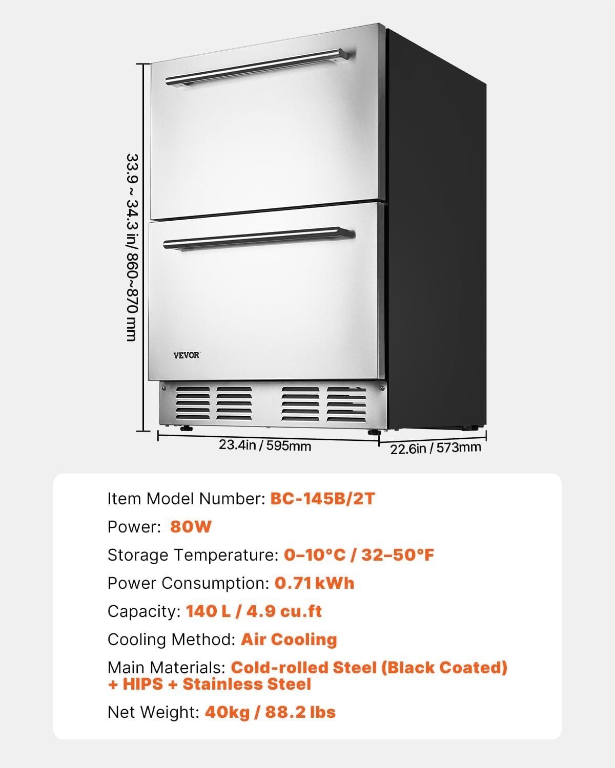 image:imageVEVOR Under Counter Drawer Refrigerator 24 In Stainless Steel Fridge with Temperature Control Dual Drawer Refrigerator with Powerful Compressor amp LED Display for Home Office and Commercial Use