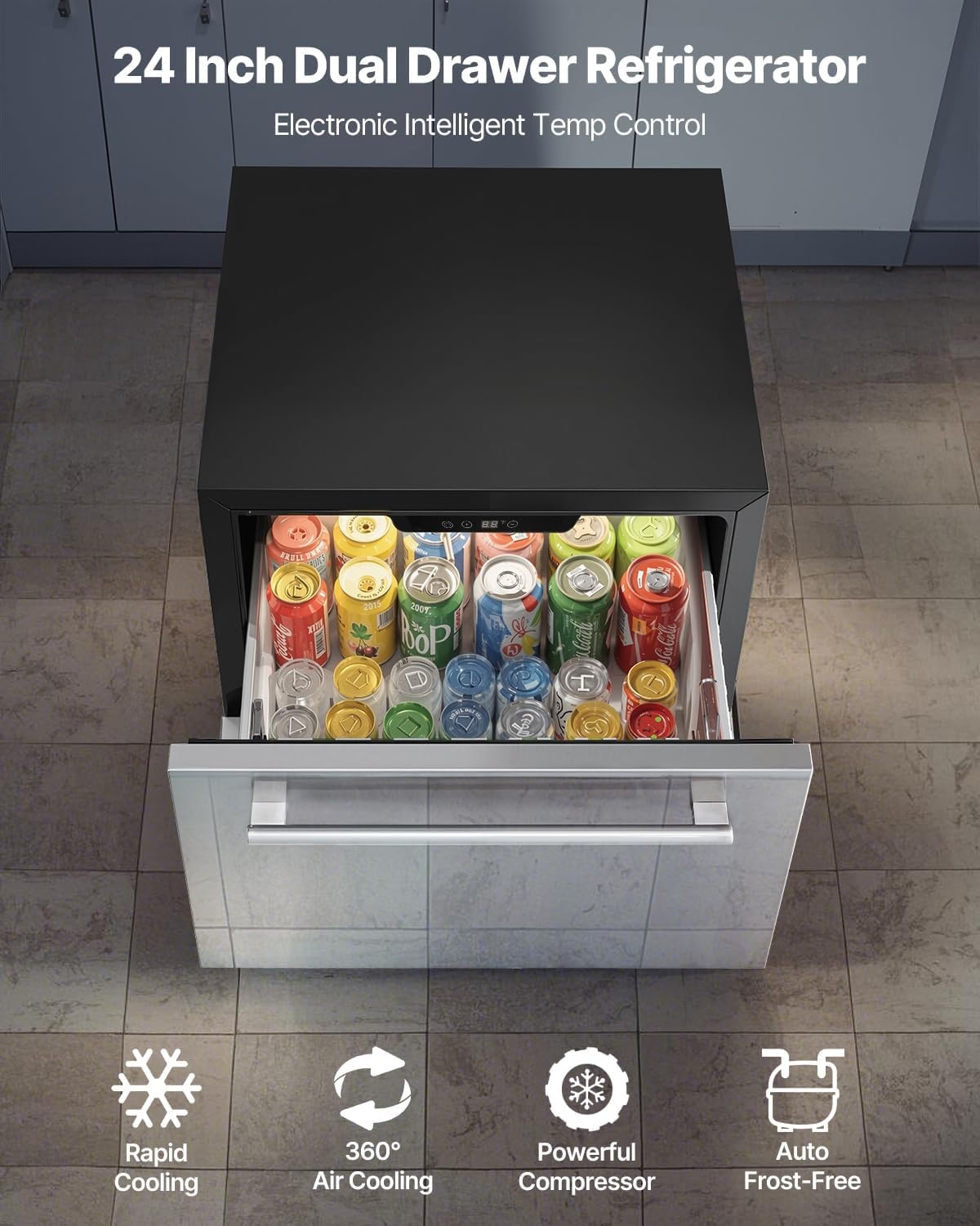 image:imageVEVOR Under Counter Drawer Refrigerator 24 In Stainless Steel Fridge with Temperature Control Dual Drawer Refrigerator with Powerful Compressor amp LED Display for Home Office and Commercial Use