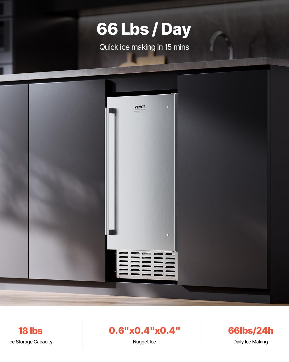 image:imageVEVOR Undercounter Builtin Ice Maker 15 LbsDay Under Counter Ice Maker Machine with Reversible Door Stainless Steel Freestanding Ice Maker for Commercial Home Kitchen No Drain RequiredNugget Ice