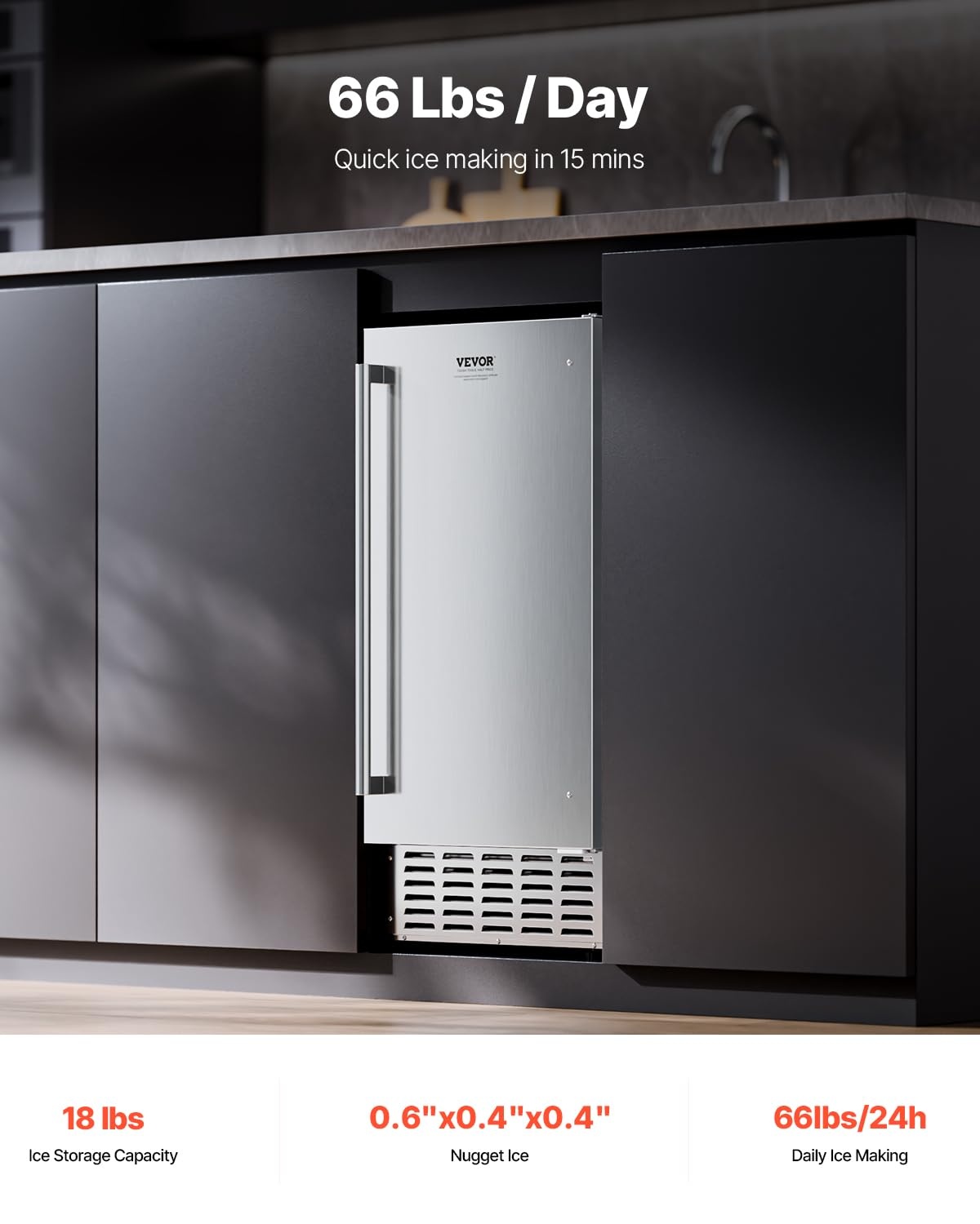 image:imageVEVOR Undercounter Builtin Ice Maker 15 LbsDay Under Counter Ice Maker Machine with Reversible Door Stainless Steel Freestanding Ice Maker for Commercial Home Kitchen No Drain RequiredNugget Ice with Drain