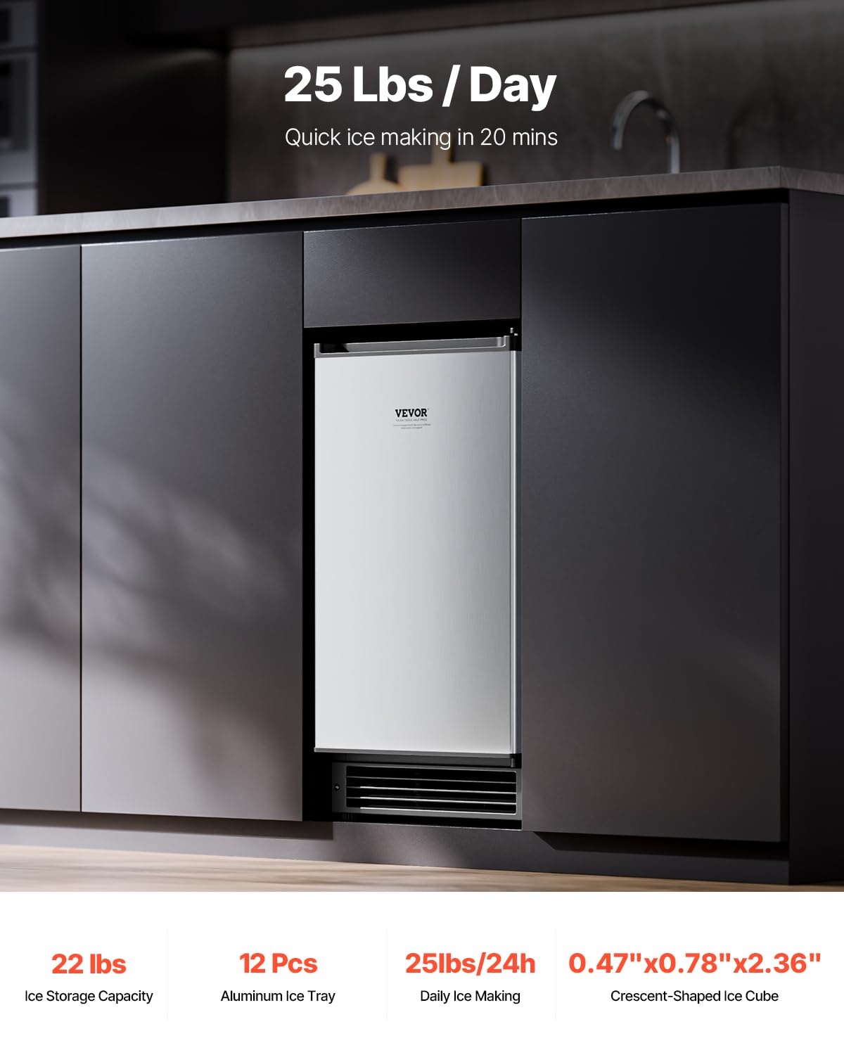 image:imageVEVOR Undercounter Builtin Ice Maker 15 LbsDay Under Counter Ice Maker Machine with Reversible Door Stainless Steel Freestanding Ice Maker for Commercial Home Kitchen No Drain RequiredCrescent Ice
