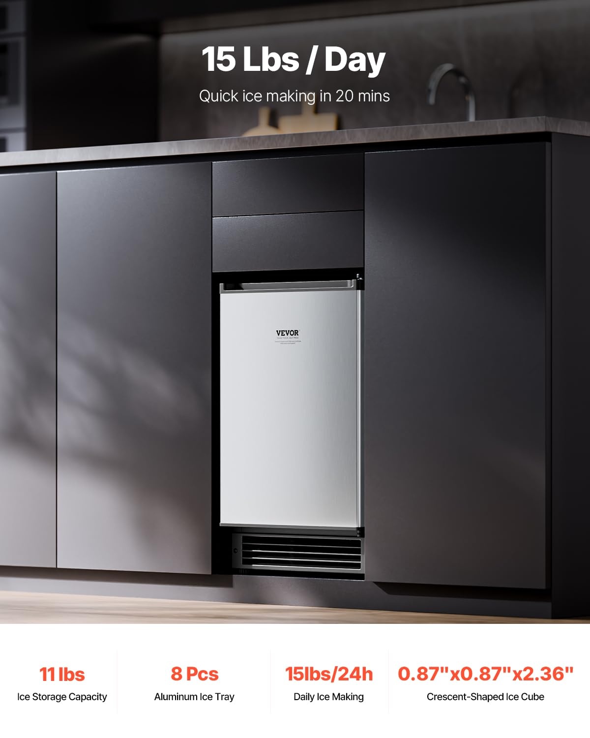 image:imageVEVOR Undercounter Builtin Ice Maker 15 LbsDay Under Counter Ice Maker Machine with Reversible Door Stainless Steel Freestanding Ice Maker for Commercial Home Kitchen No Drain RequiredCrescent Ice