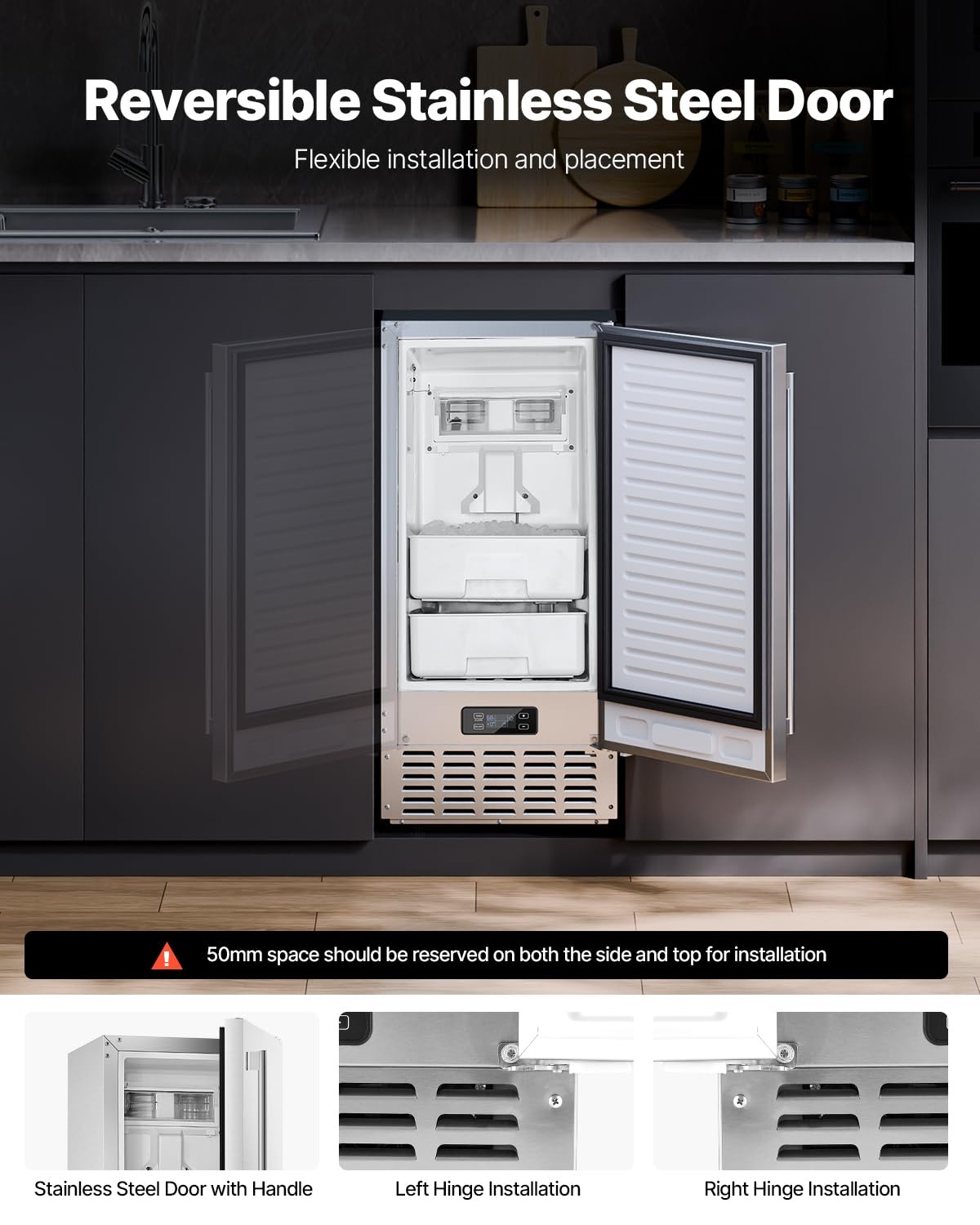 image:imageVEVOR Undercounter Builtin Ice Maker 15 LbsDay Under Counter Ice Maker Machine with Reversible Door Stainless Steel Freestanding Ice Maker for Commercial Home Kitchen No Drain RequiredNugget Ice with Drain