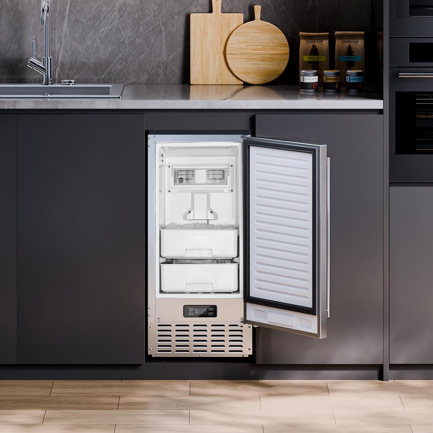 image:imageVEVOR Undercounter Builtin Ice Maker 15 LbsDay Under Counter Ice Maker Machine with Reversible Door Stainless Steel Freestanding Ice Maker for Commercial Home Kitchen No Drain RequiredNugget Ice with Drain