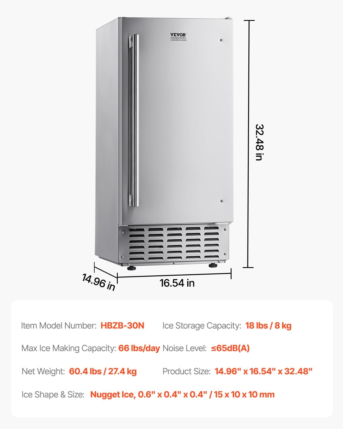 image:imageVEVOR Undercounter Builtin Ice Maker 15 LbsDay Under Counter Ice Maker Machine with Reversible Door Stainless Steel Freestanding Ice Maker for Commercial Home Kitchen No Drain RequiredNugget Ice with Drain