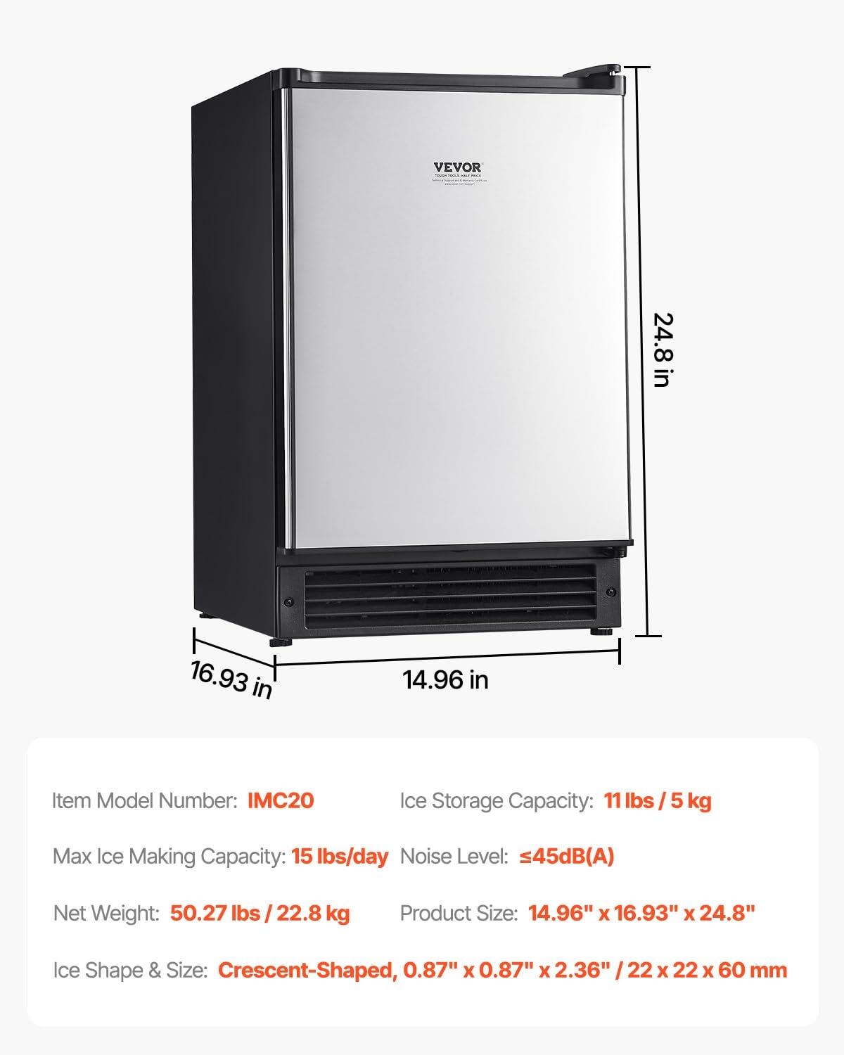image:imageVEVOR Undercounter Builtin Ice Maker 15 LbsDay Under Counter Ice Maker Machine with Reversible Door Stainless Steel Freestanding Ice Maker for Commercial Home Kitchen No Drain RequiredCrescent Ice