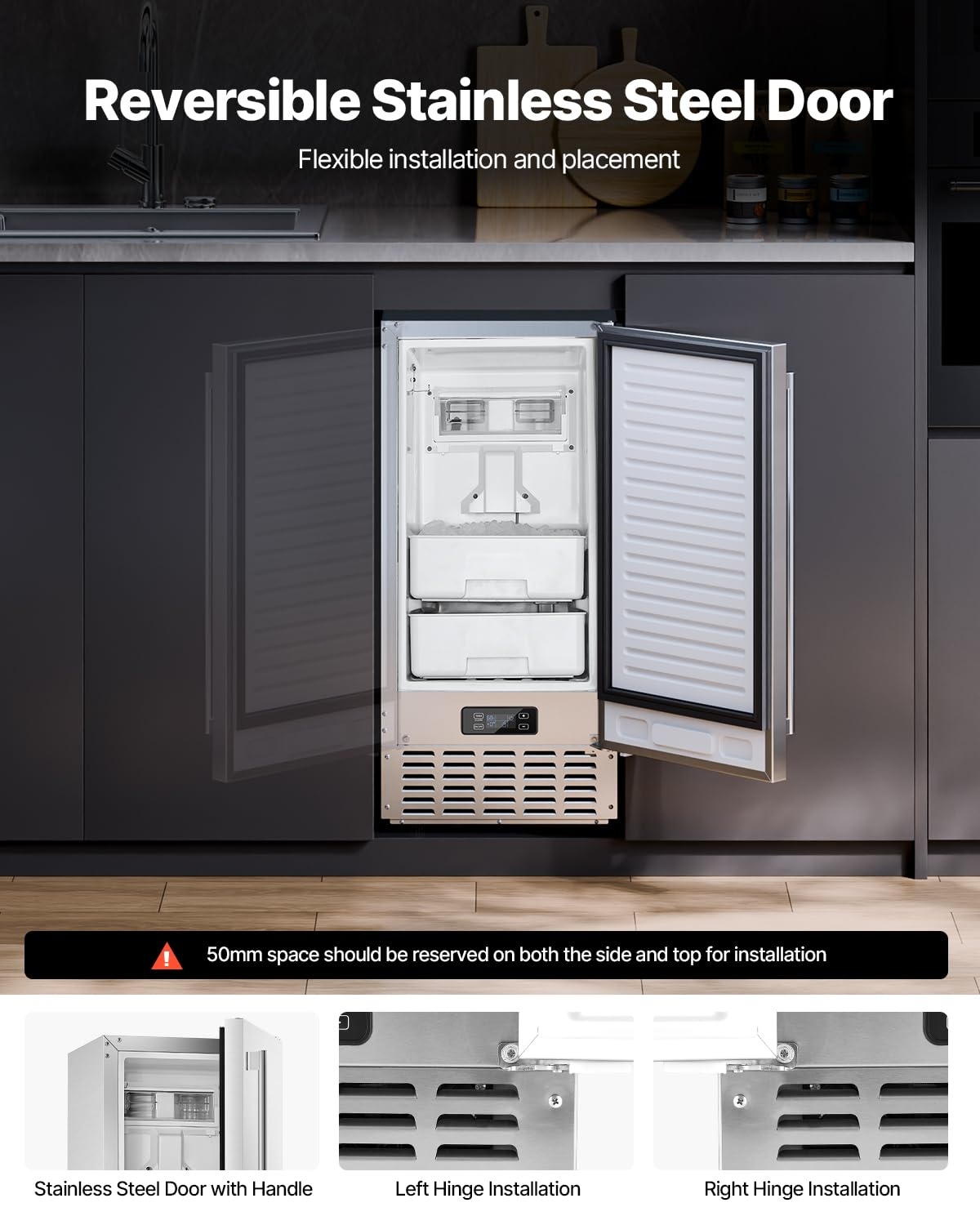 image:imageVEVOR Undercounter Builtin Ice Maker 15 LbsDay Under Counter Ice Maker Machine with Reversible Door Stainless Steel Freestanding Ice Maker for Commercial Home Kitchen No Drain RequiredNugget Ice