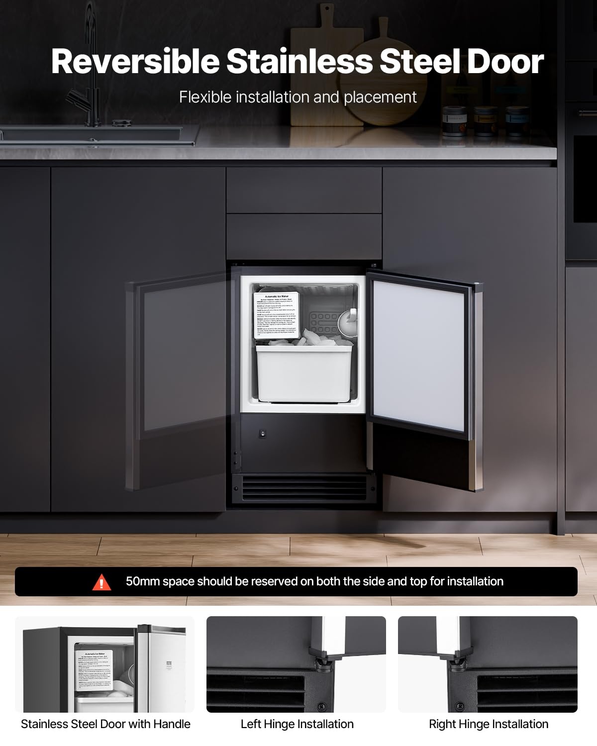 image:imageVEVOR Undercounter Builtin Ice Maker 15 LbsDay Under Counter Ice Maker Machine with Reversible Door Stainless Steel Freestanding Ice Maker for Commercial Home Kitchen No Drain RequiredCrescent Ice