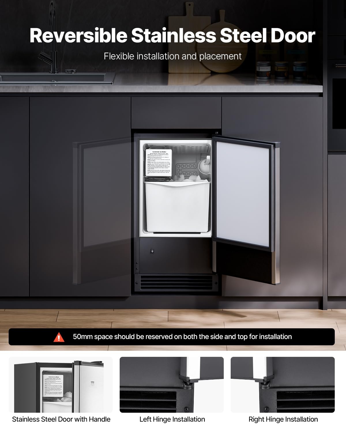 image:imageVEVOR Undercounter Builtin Ice Maker 15 LbsDay Under Counter Ice Maker Machine with Reversible Door Stainless Steel Freestanding Ice Maker for Commercial Home Kitchen No Drain RequiredCrescent Ice