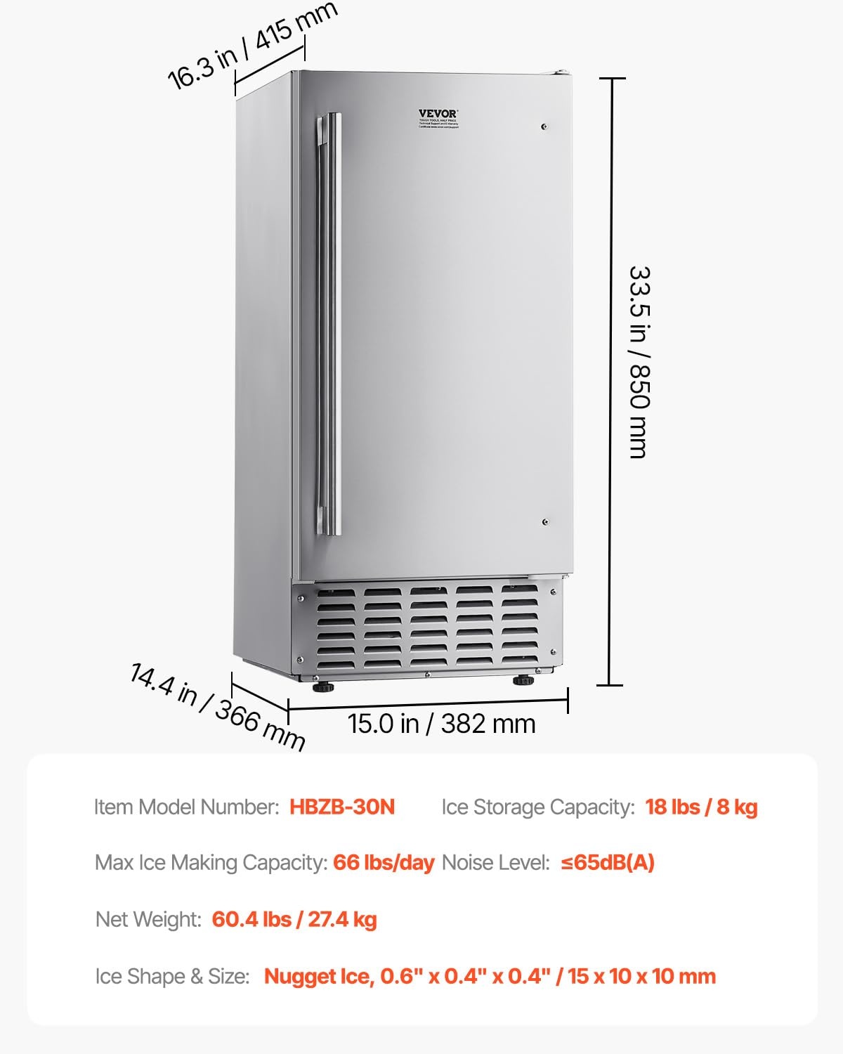 image:imageVEVOR Undercounter Builtin Ice Maker 15 LbsDay Under Counter Ice Maker Machine with Reversible Door Stainless Steel Freestanding Ice Maker for Commercial Home Kitchen No Drain RequiredNugget Ice
