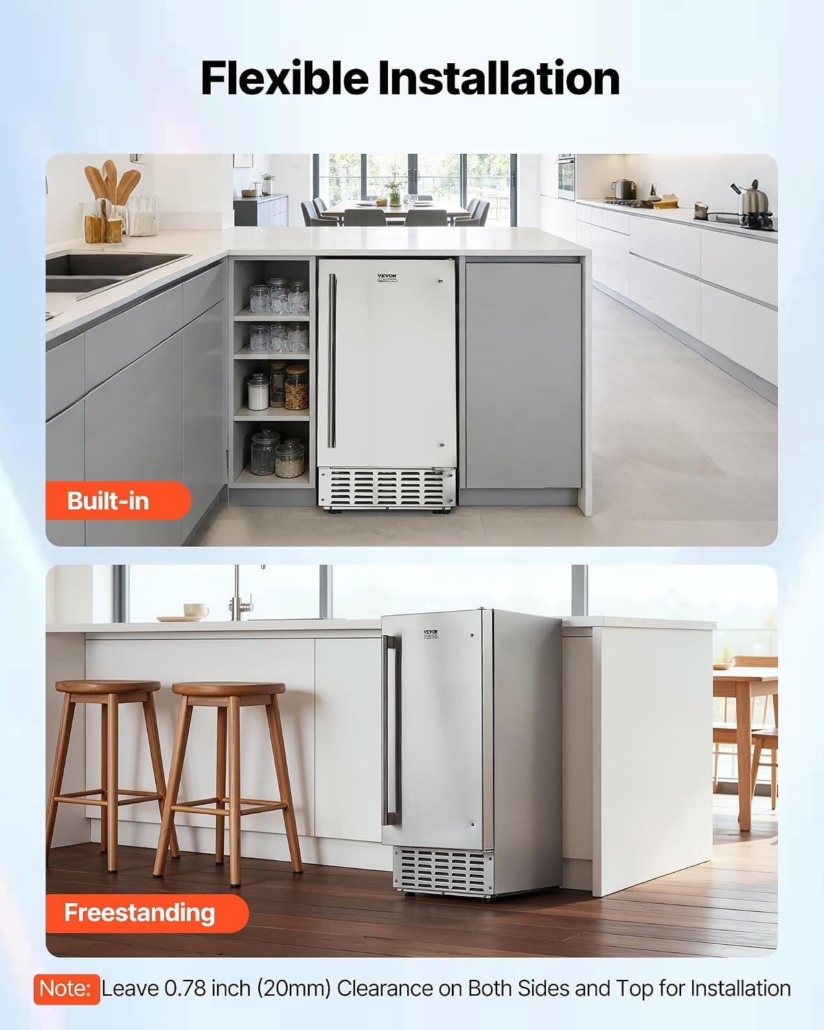 image:imageVEVOR Undercounter Builtin Ice Maker 66 LbsDay Under Counter Nugget Ice Maker Machine with Reversible Door Stainless Steel Freestanding Ice Maker for Commercial Home Kitchen Electric Drainage