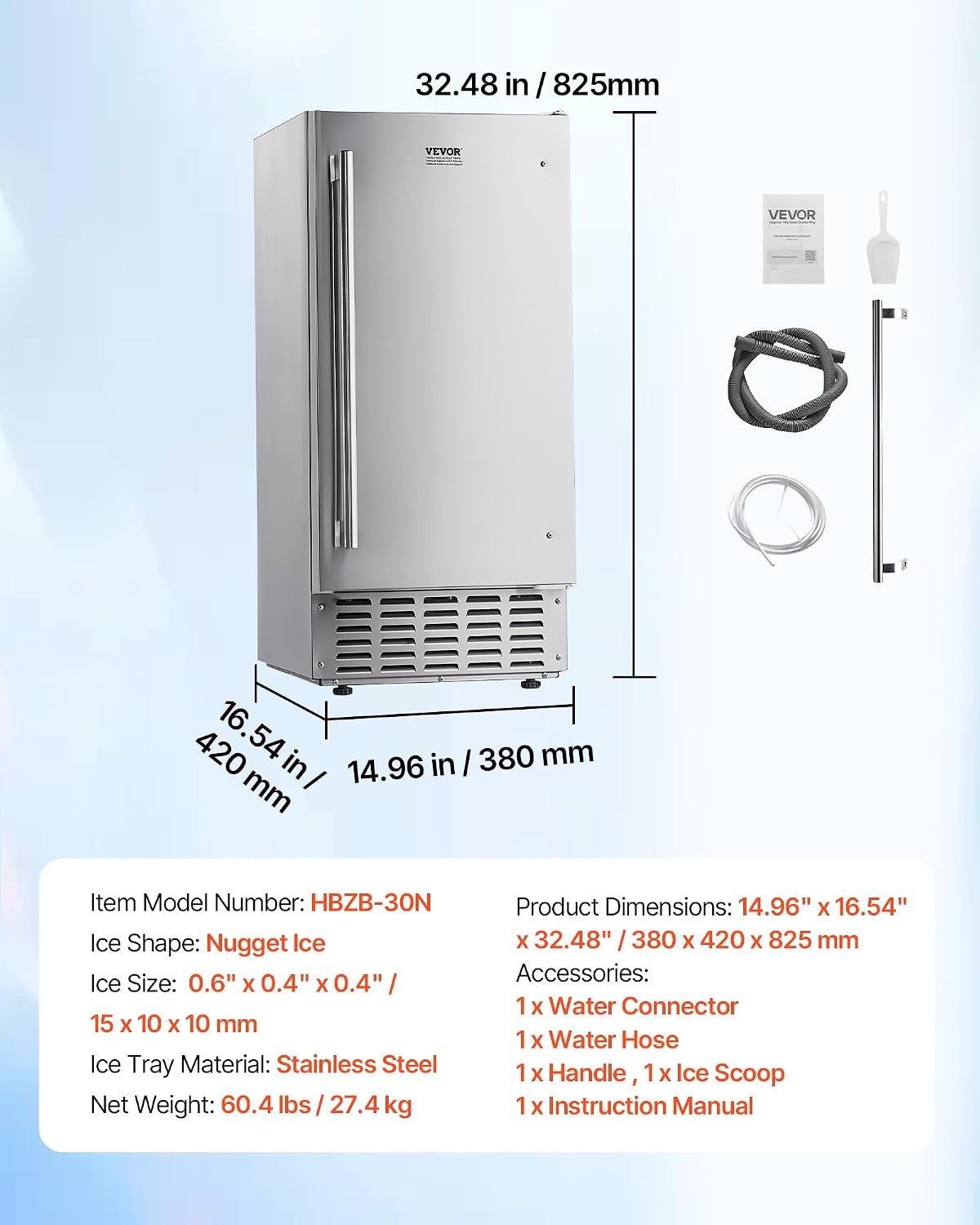 image:imageVEVOR Undercounter Builtin Ice Maker 66 LbsDay Under Counter Nugget Ice Maker Machine with Reversible Door Stainless Steel Freestanding Ice Maker for Commercial Home Kitchen Electric Drainage