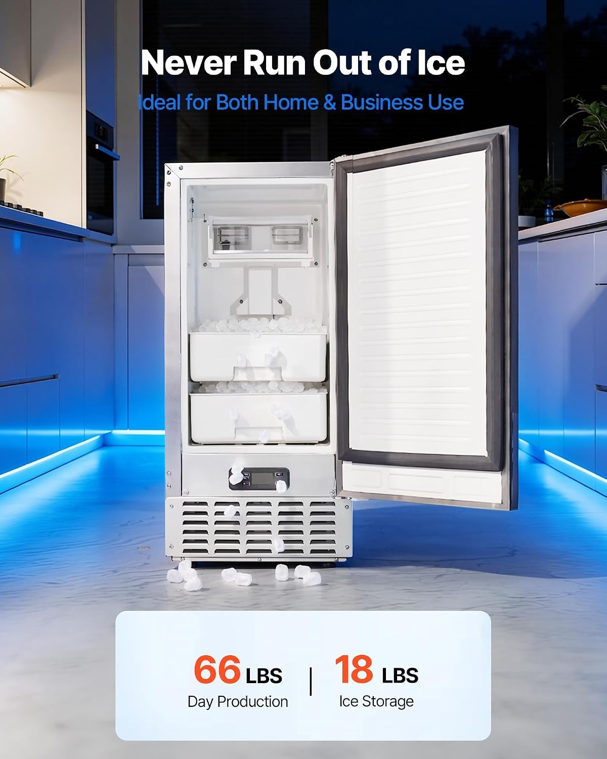 image:imageVEVOR Undercounter Builtin Ice Maker 66 LbsDay Under Counter Nugget Ice Maker Machine with Reversible Door Stainless Steel Freestanding Ice Maker for Commercial Home Kitchen Electric Drainage