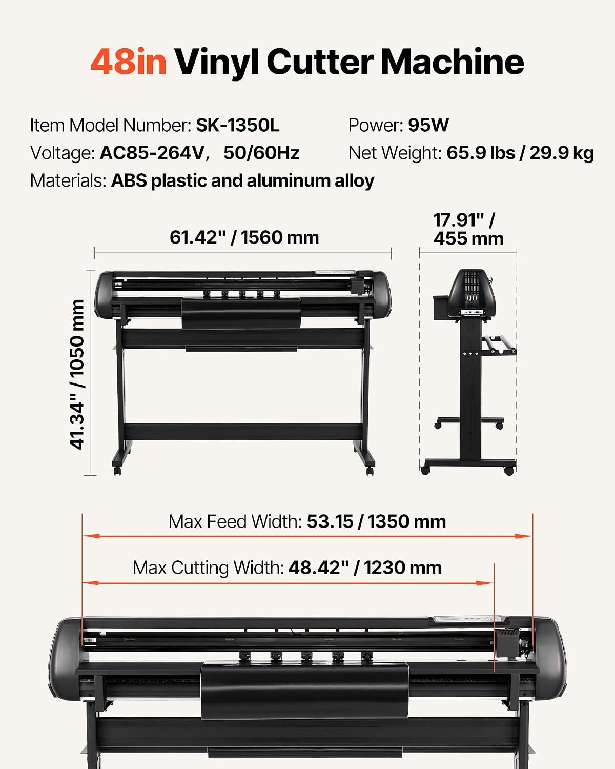 image:imageVEVOR Vinyl Cutter Machine 53 inch Max Feed Width Dual Blades Adjustable Force and Speed LED Display Vinyl Plotter Cutter Printer Bundle with Sticker Sheets Transfer Film Signmaster Software
