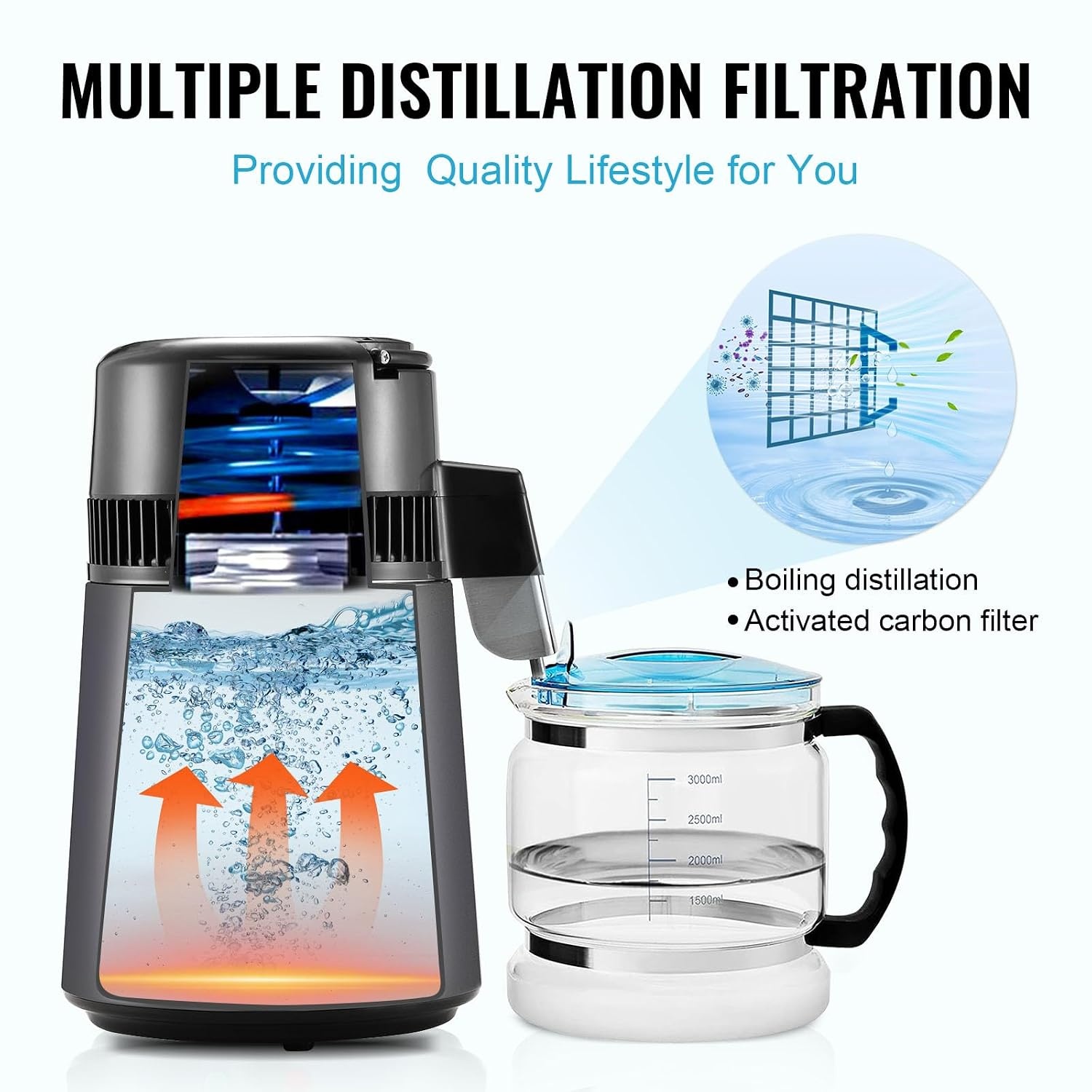image:imageVEVOR Water Distiller 4L 105 Gallon Pure Water Distilling for Home Countertop 750W Distilled Water Maker 304 Stainless Steel Interior Stiller Water Making Machine to Make Clean Water BlackGrey