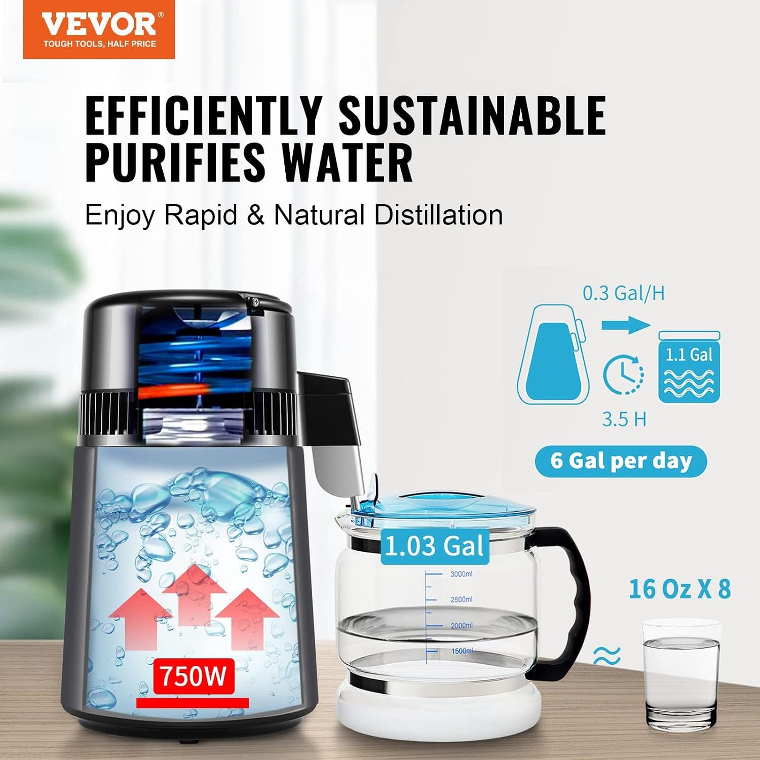 image:imageVEVOR Water Distiller 4L 105 Gallon Pure Water Distilling for Home Countertop 750W Distilled Water Maker 304 Stainless Steel Interior Stiller Water Making Machine to Make Clean Water BlackGrey