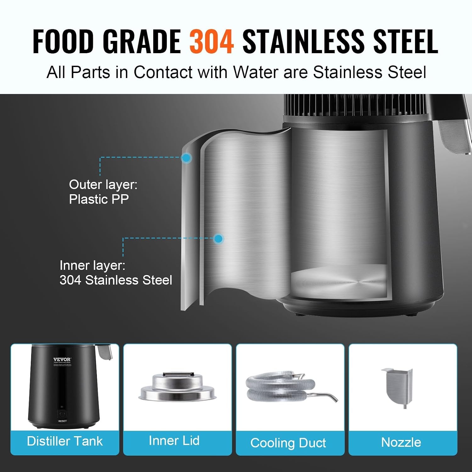 image:imageVEVOR Water Distiller 4L 105 Gallon Pure Water Distilling for Home Countertop 750W Distilled Water Maker 304 Stainless Steel Interior Stiller Water Making Machine to Make Clean Water BlackBlack