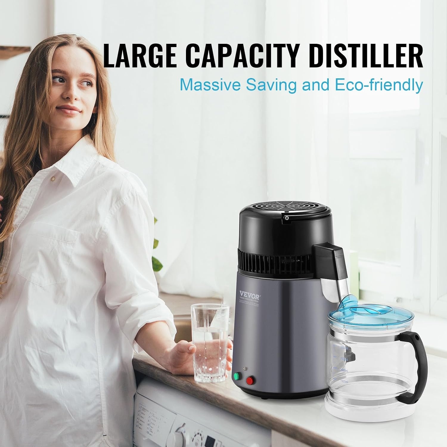 image:imageVEVOR Water Distiller 4L 105 Gallon Pure Water Distilling for Home Countertop 750W Distilled Water Maker 304 Stainless Steel Interior Stiller Water Making Machine to Make Clean Water BlackGrey
