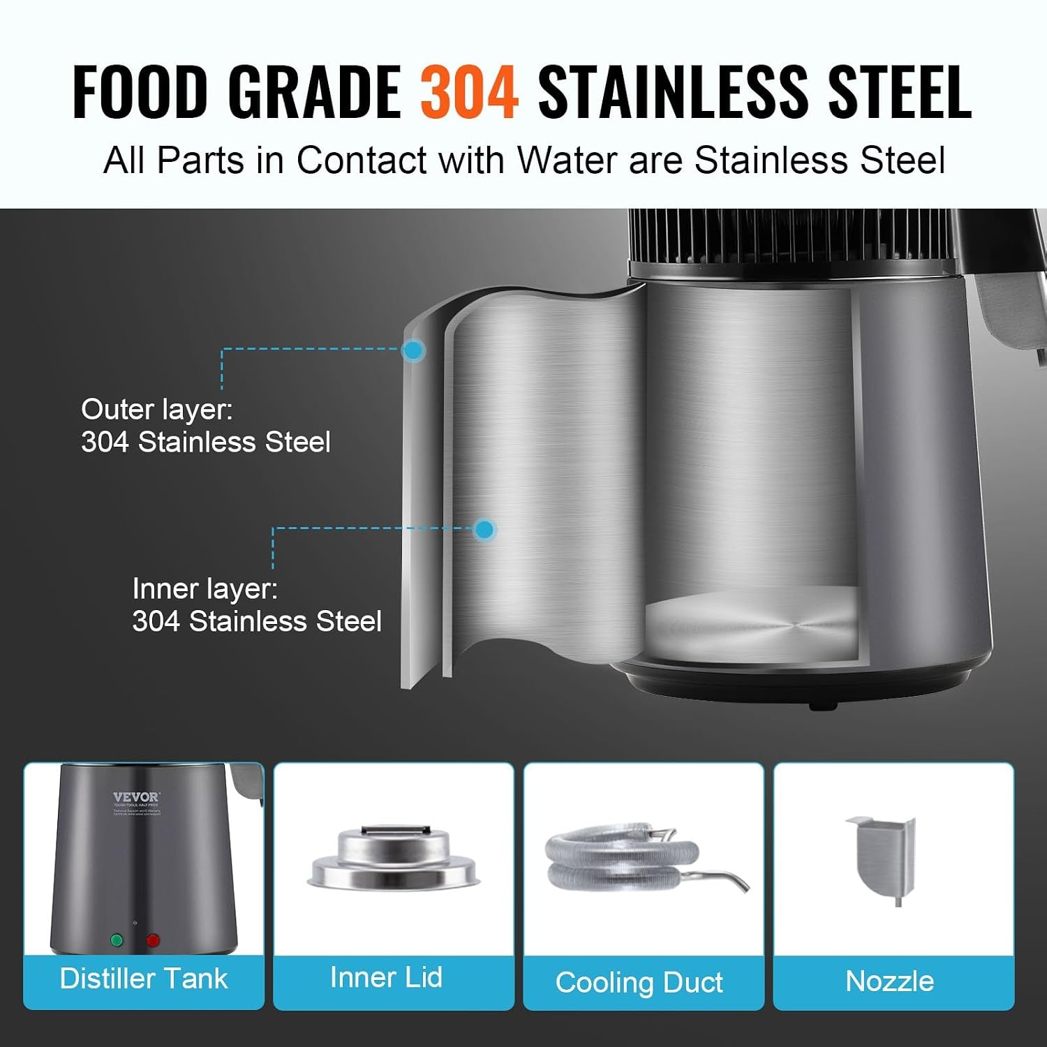 image:imageVEVOR Water Distiller 4L 105 Gallon Pure Water Distilling for Home Countertop 750W Distilled Water Maker 304 Stainless Steel Interior Stiller Water Making Machine to Make Clean Water BlackGrey