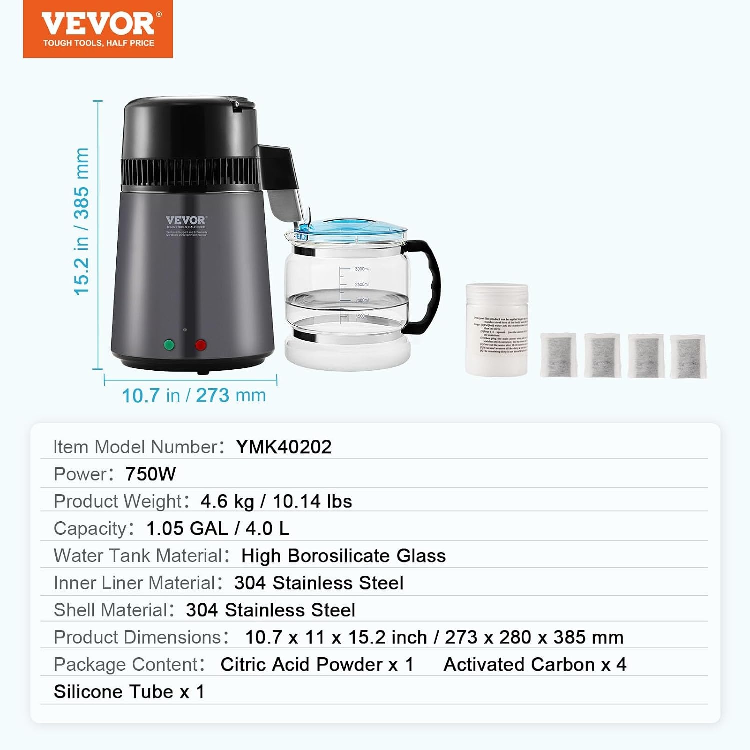image:imageVEVOR Water Distiller 4L 105 Gallon Pure Water Distilling for Home Countertop 750W Distilled Water Maker 304 Stainless Steel Interior Stiller Water Making Machine to Make Clean Water BlackGrey