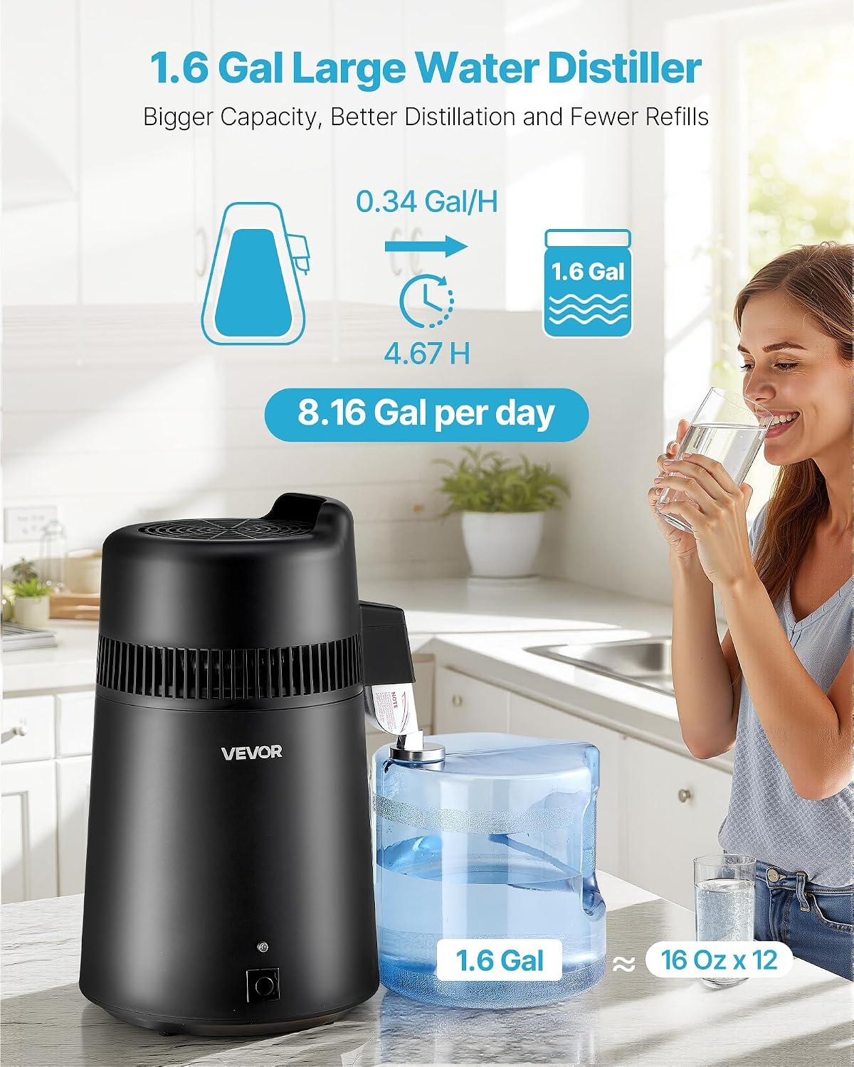 image:imageVEVOR Water Distiller 6L 16 Gallon Countertop Water Distiller for Home 900W Distilled Water Maker with BPAFree Plastic Container 304 Stainless Steel Interior Distilling for Drinking WaterBlack