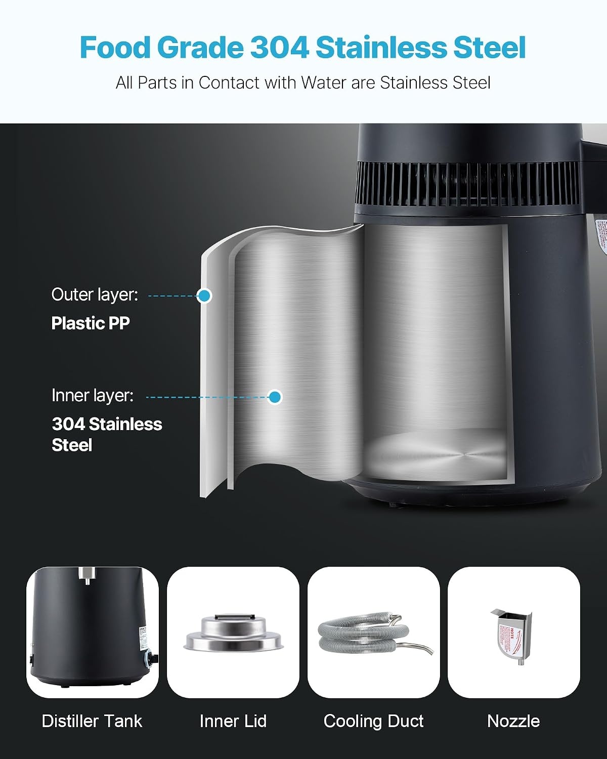 image:imageVEVOR Water Distiller 6L 16 Gallon Countertop Water Distiller for Home 900W Distilled Water Maker with BPAFree Plastic Container 304 Stainless Steel Interior Distilling for Drinking WaterBlack