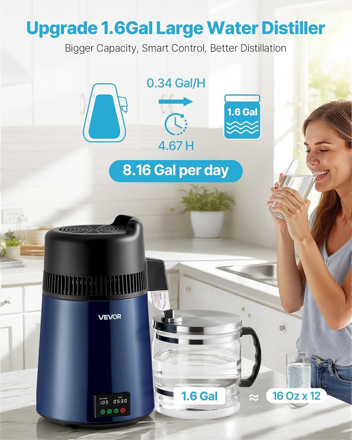 image:imageVEVOR Water Distiller 6L 16 Gallon Countertop Water Distiller for Home 900W Distilled Water Maker with BPAFree Plastic Container 304 Stainless Steel Interior Distilling for Drinking WaterDark Blue