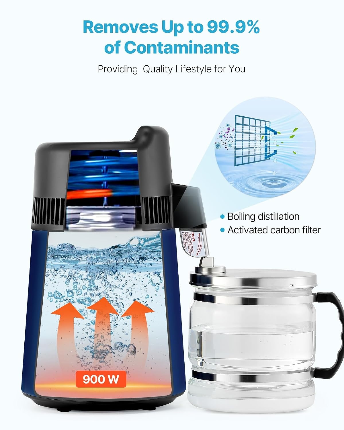 image:imageVEVOR Water Distiller 6L 16 Gallon Countertop Water Distiller for Home 900W Distilled Water Maker with BPAFree Plastic Container 304 Stainless Steel Interior Distilling for Drinking WaterDark Blue