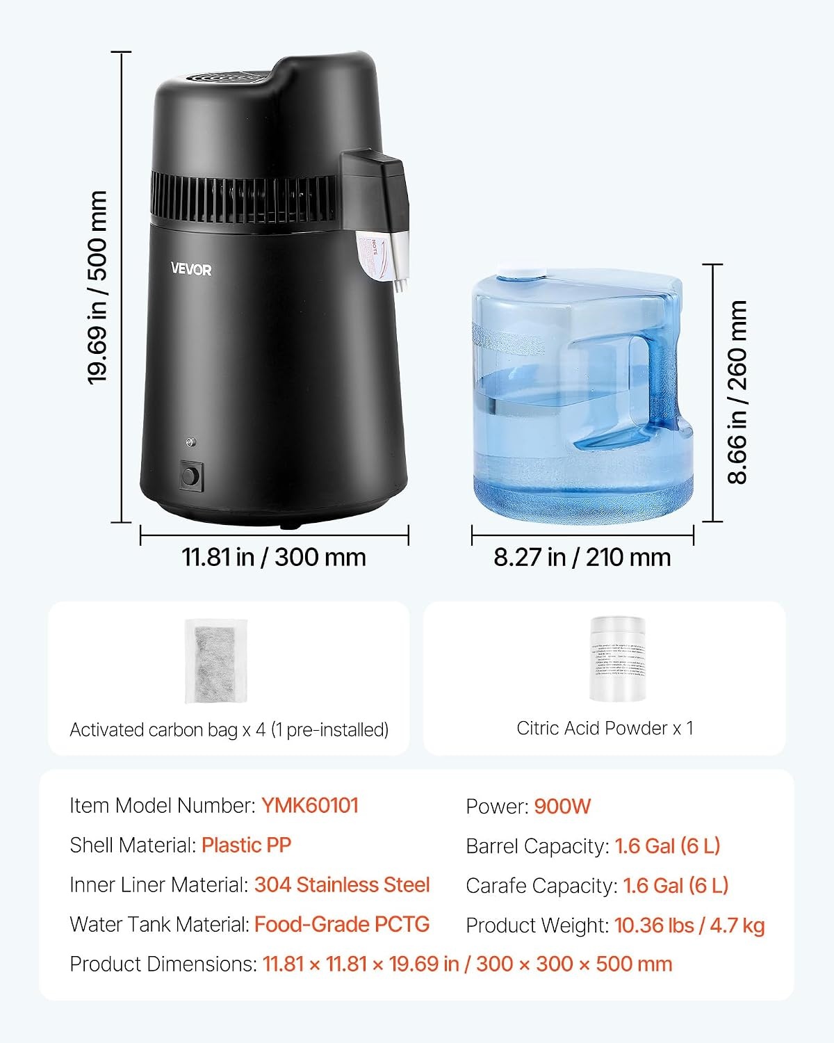 image:imageVEVOR Water Distiller 6L 16 Gallon Countertop Water Distiller for Home 900W Distilled Water Maker with BPAFree Plastic Container 304 Stainless Steel Interior Distilling for Drinking WaterBlack