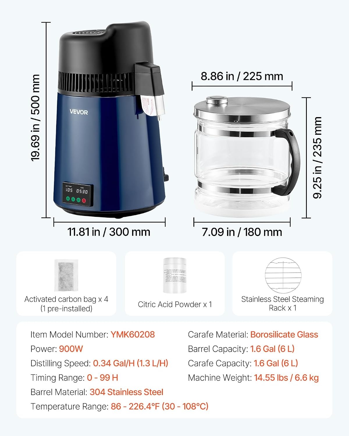 image:imageVEVOR Water Distiller 6L 16 Gallon Countertop Water Distiller for Home 900W Distilled Water Maker with BPAFree Plastic Container 304 Stainless Steel Interior Distilling for Drinking WaterDark Blue