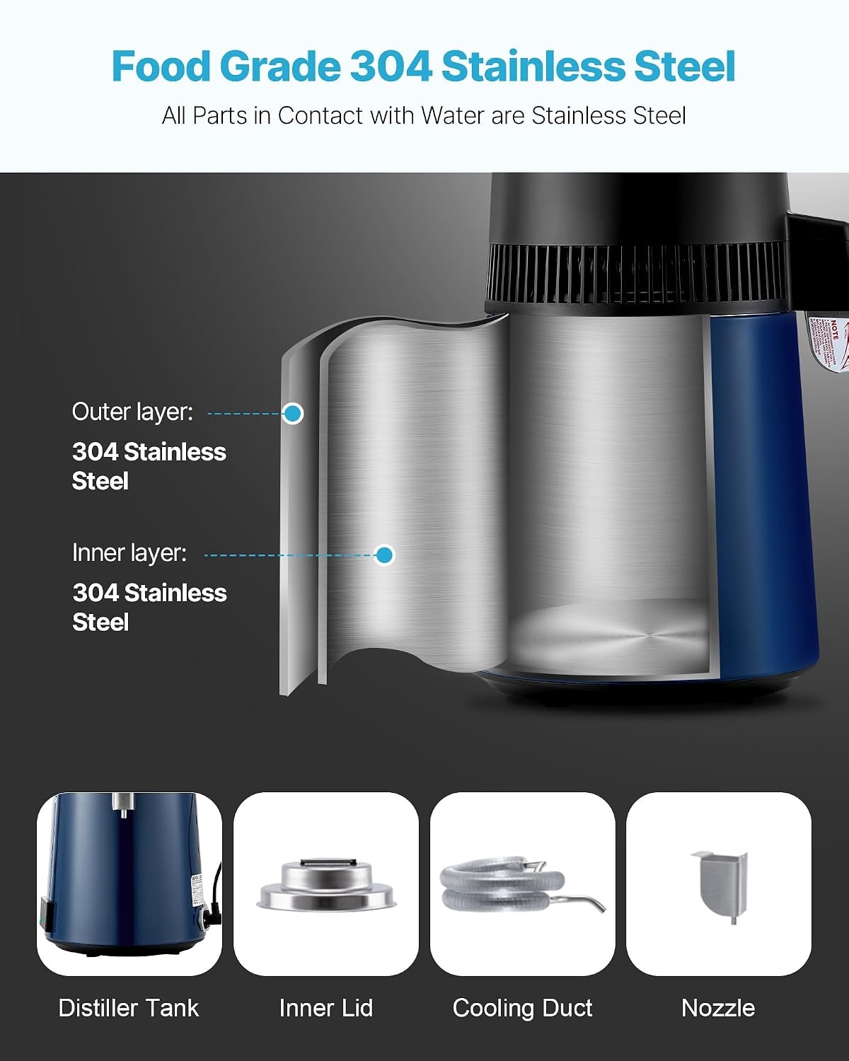 image:imageVEVOR Water Distiller 6L 16 Gallon Countertop Water Distiller for Home 900W Distilled Water Maker with BPAFree Plastic Container 304 Stainless Steel Interior Distilling for Drinking WaterDark Blue